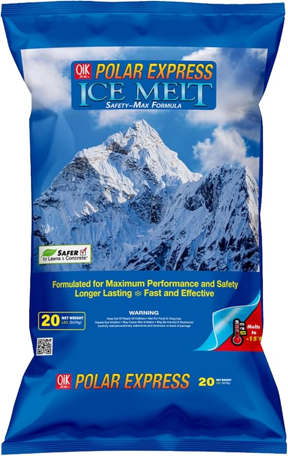 Qik Joe Polar Express Rock Salt Blend - Instant Snow and Ice Melt for Sidewalks, Driveways, and Parking Lots - Deicer for Concrete, Asphalt, and Other Surfaces - 20 lbs