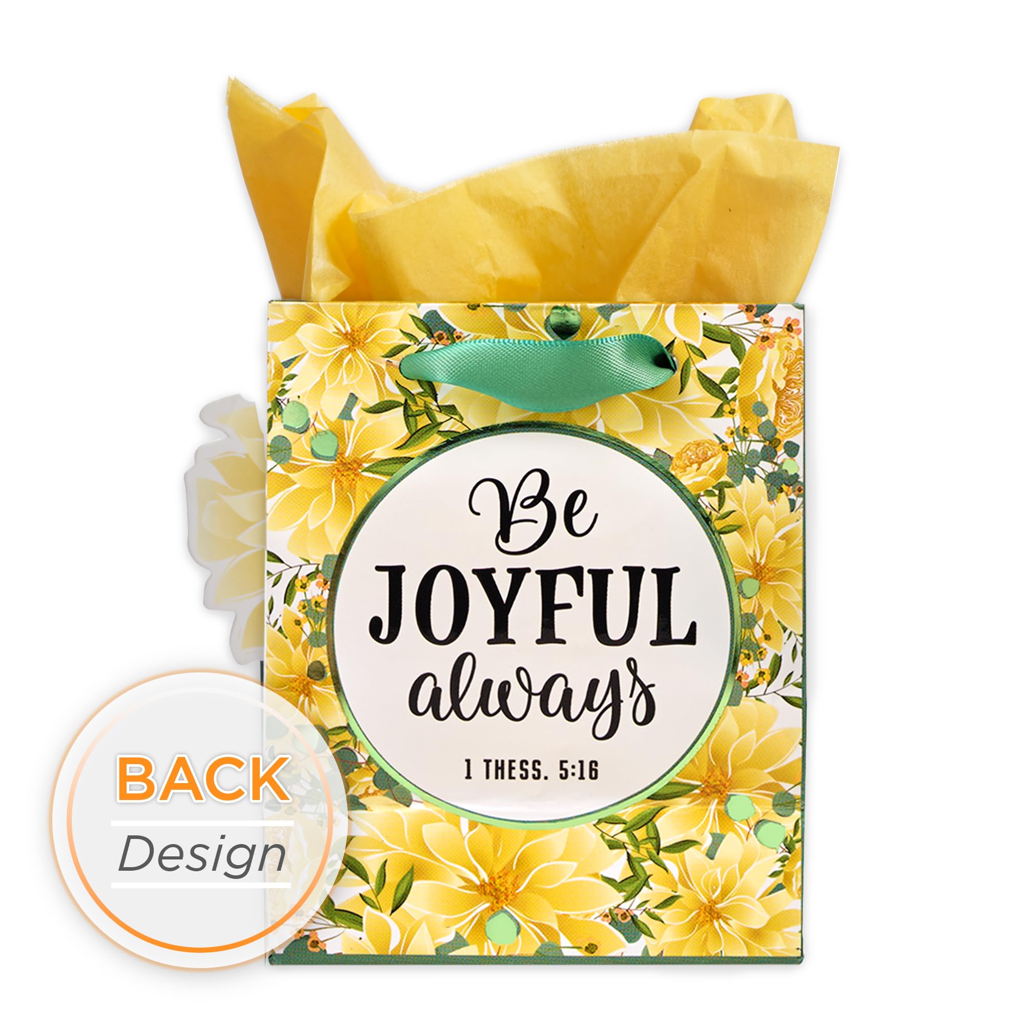 Christian Art Gifts Gift Bag/Tissue Paper Set Be Joyful Always 1 Thessalonians 5:16 Bible Verse, Yellow Floral, Extra Small