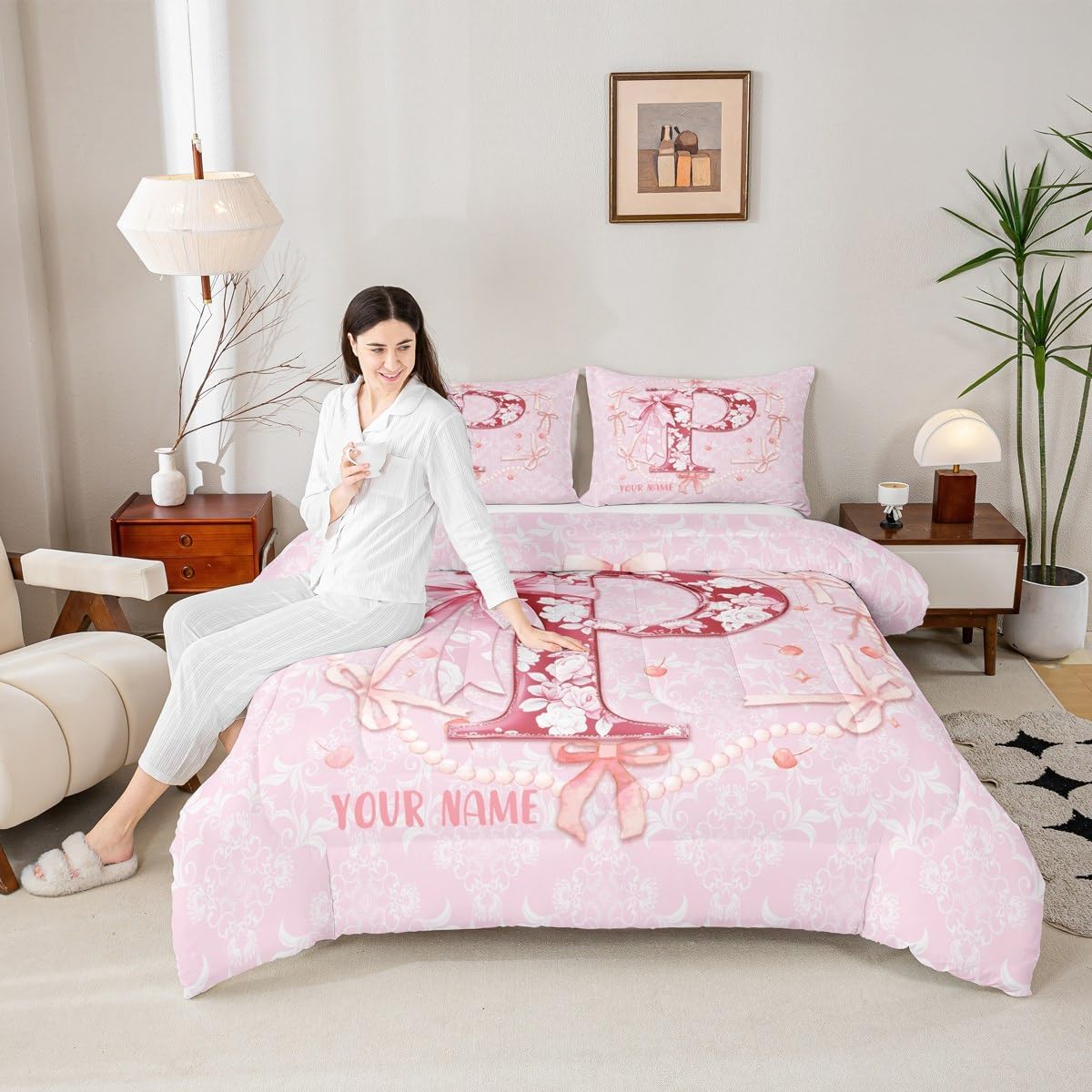 Erosebridal Customized Floral Bow Comforter Set Toddler Initial Flower Coquette Bow Bedding Teen Girl Pink Bowknot Monogrammed P Bedding Comforter Sets Preppy Bows Birthday Gifts for Princess(P)