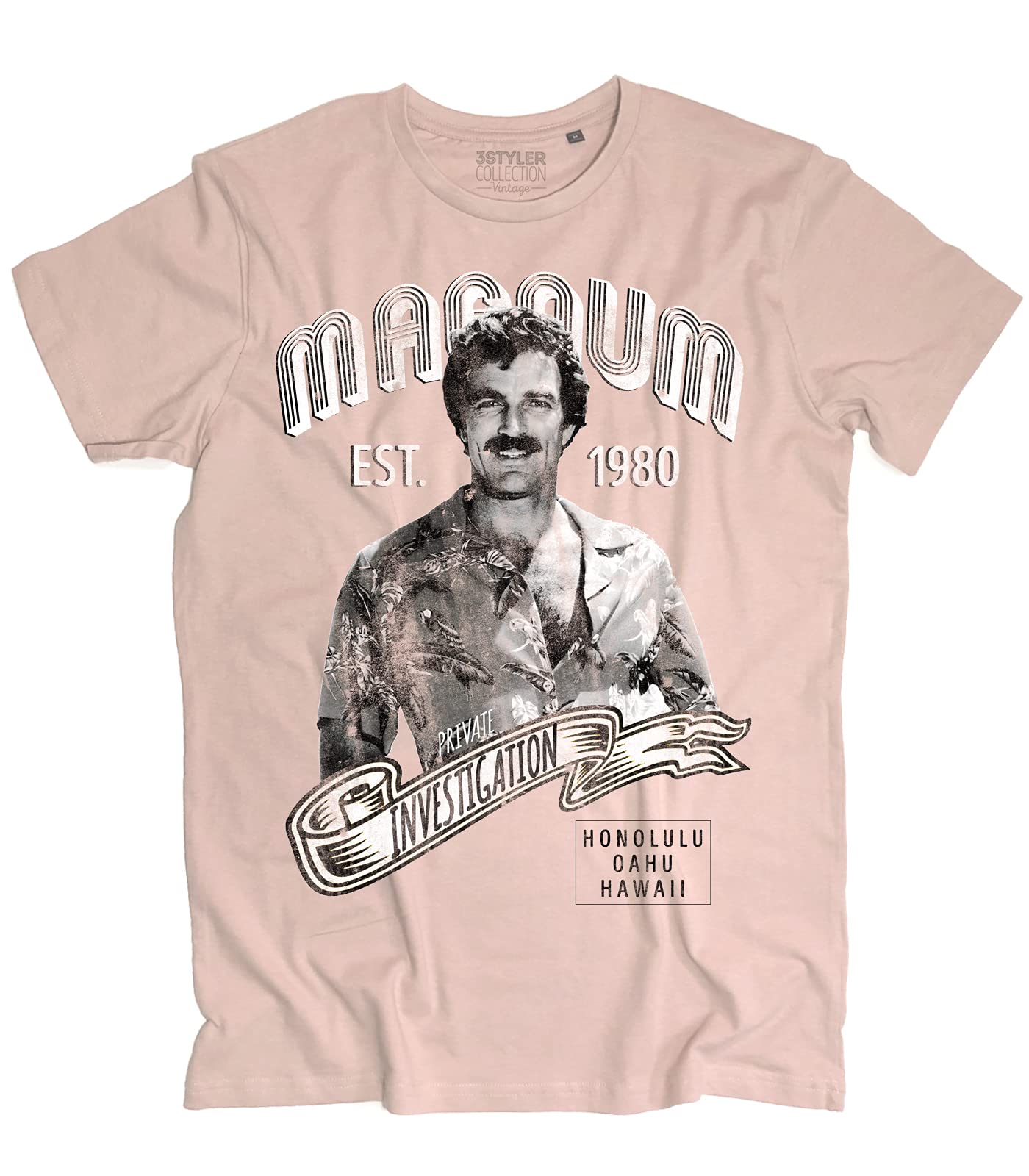 T-Shirt Uomo Magnum PI The Hawaii Private Investigator – Serie TV Anni 80 – Linea Vintage – Cotone Organico 140 gr/mq