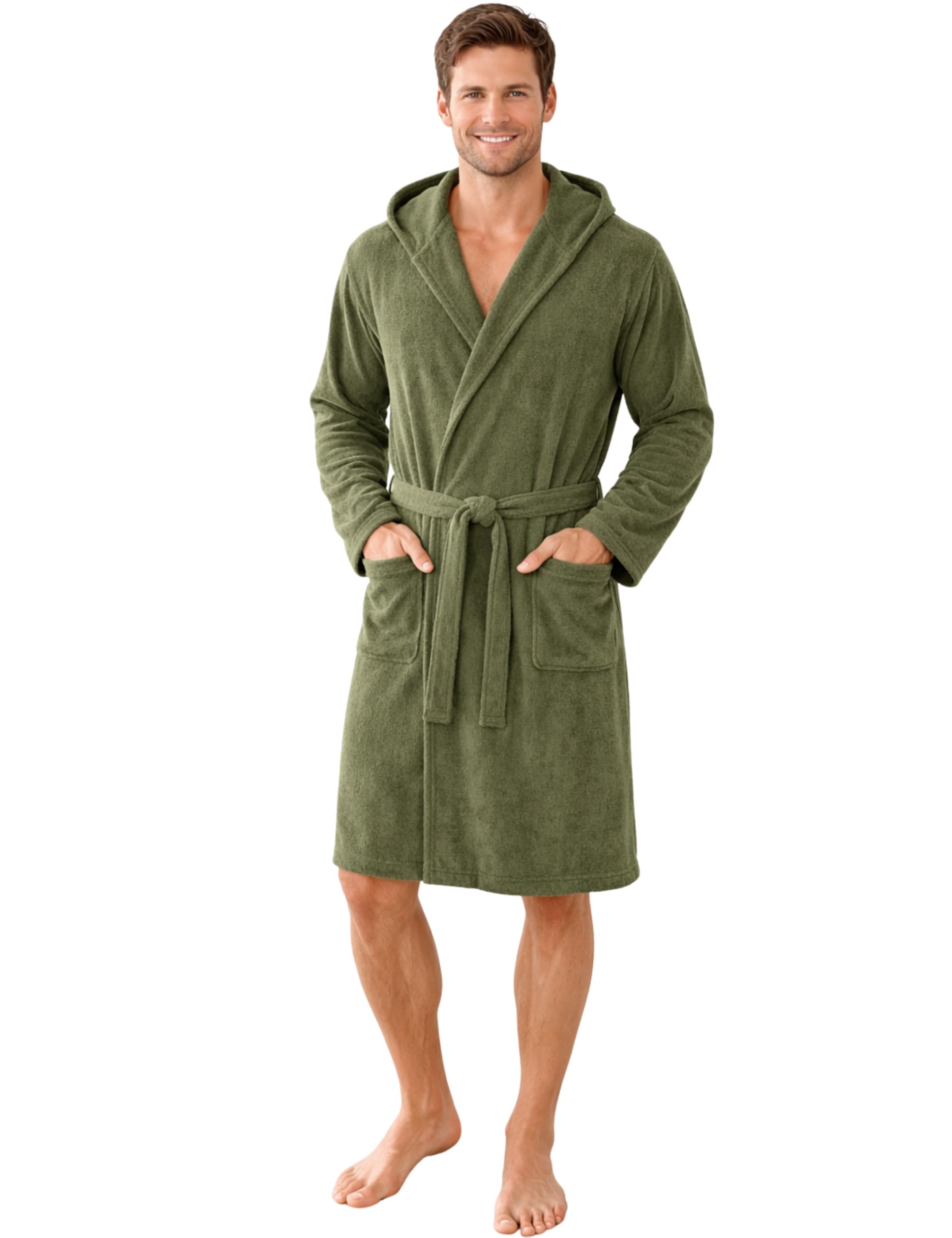Morgenstern Men's Green Lightweight Terry Towelling Bathrobe Thin 100% Cotton Short With Hood Oeko-Tex Standard L