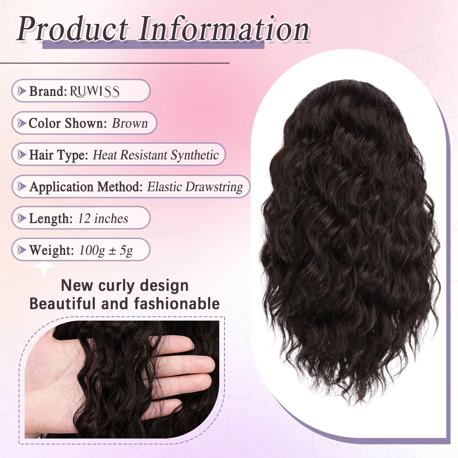 RUWISS Curly Drawstring Ponytail Extension for Black Women,12 inch Dark Brown Afro Kinky Ponytail Synthetic Hairpiece for Daily Party Use - Image 2