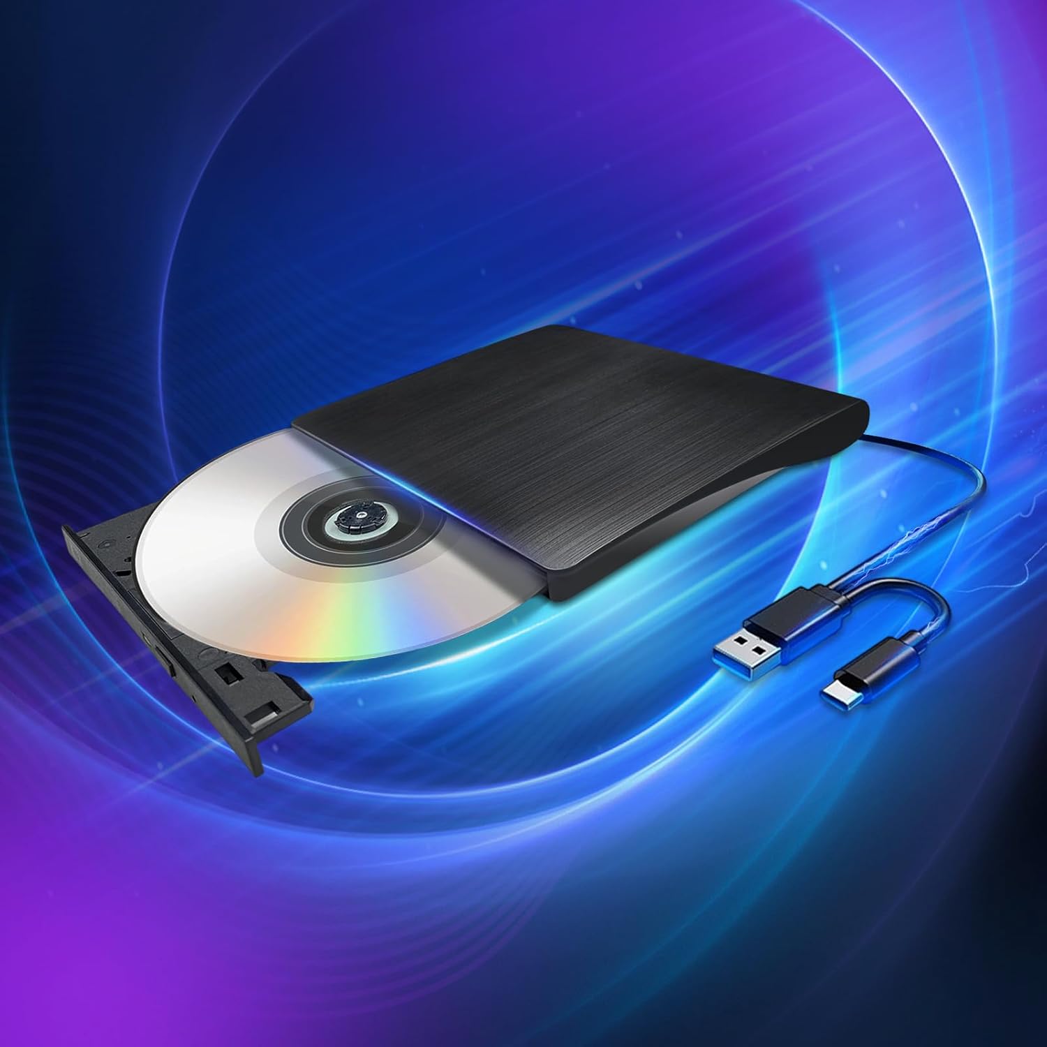 Portable DVD Drive USB 3.0 & Type-C, Read/Write, Plug & Play, Compatible with All Laptops, Supports USB Type-C SD-Slot TF-Slot Access