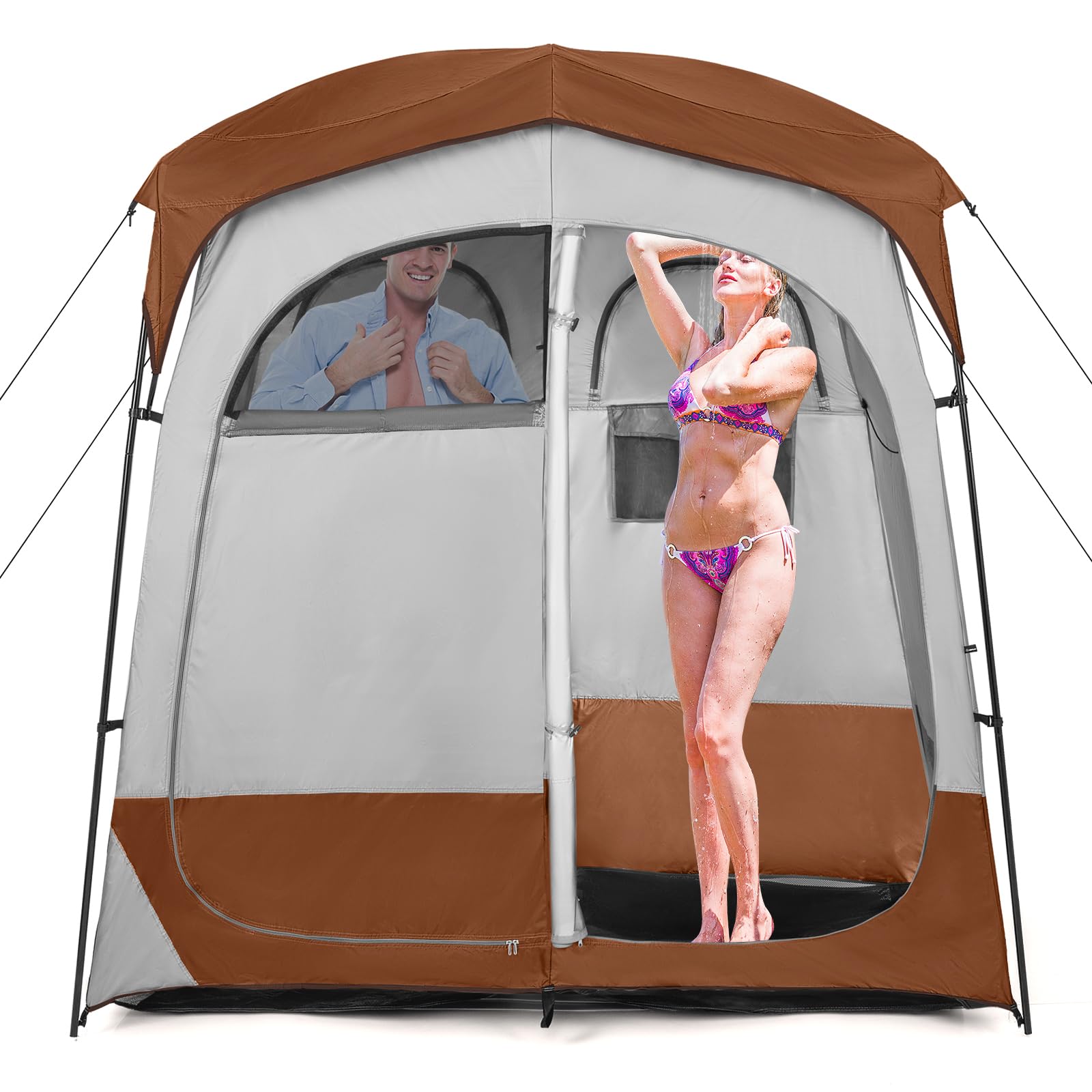GOPLUS Tente de Douche 2 Personnes, Tente Cabine d'Essayage Portable avec Portes Zippées et 4 Fenêtres, Tente de Vestiaire avec Sac de Transport, pour Camping, Toilettes et Douche, Gris (Brun)