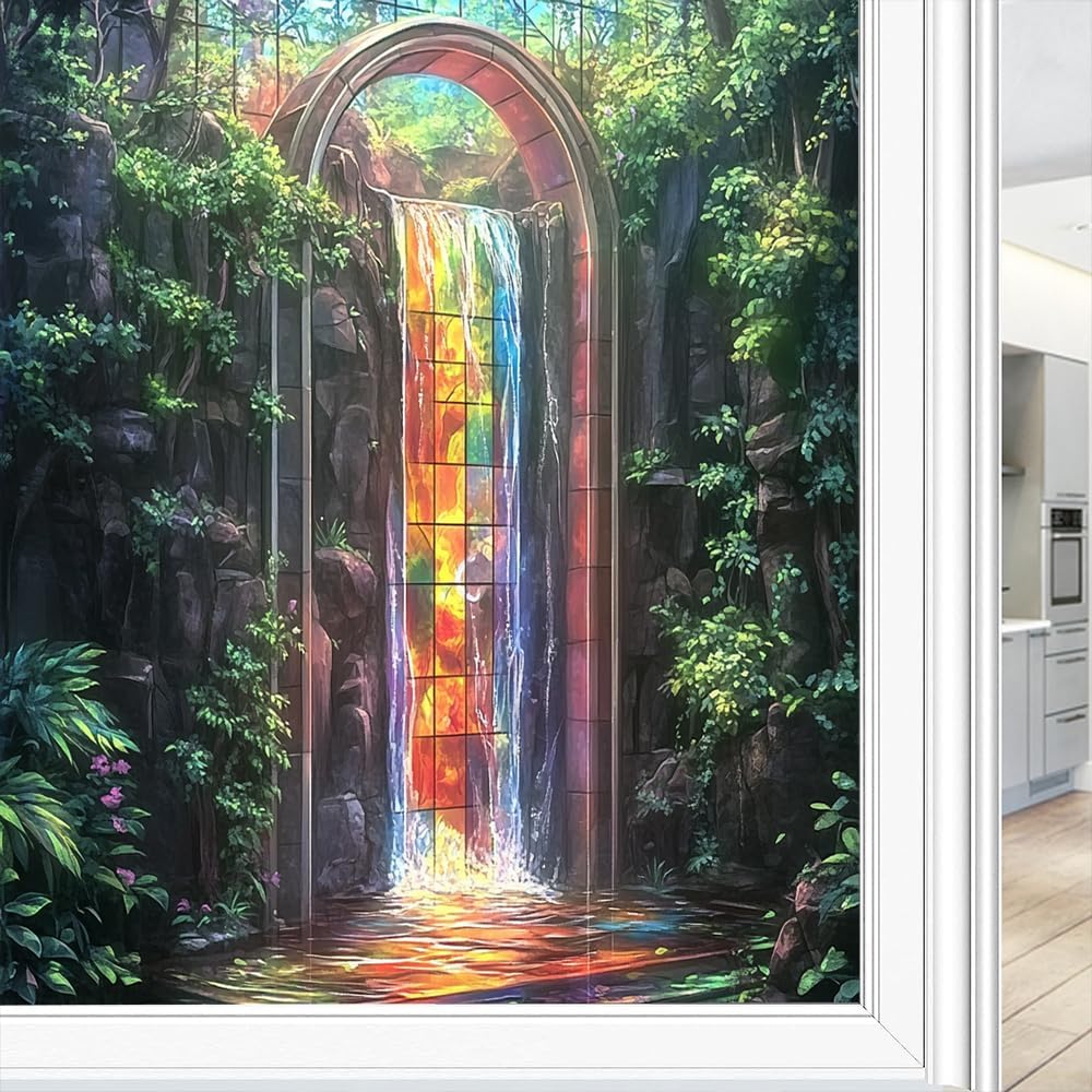 Rustic Waterfall Frosted Stained Glass Window Film - Colorful Forest Sun River Landscape Decorative Peel and Stick Adhesive Vinyl for Bathroom Privacy, Bedroom Home Decor, 35.4Wx63L inch