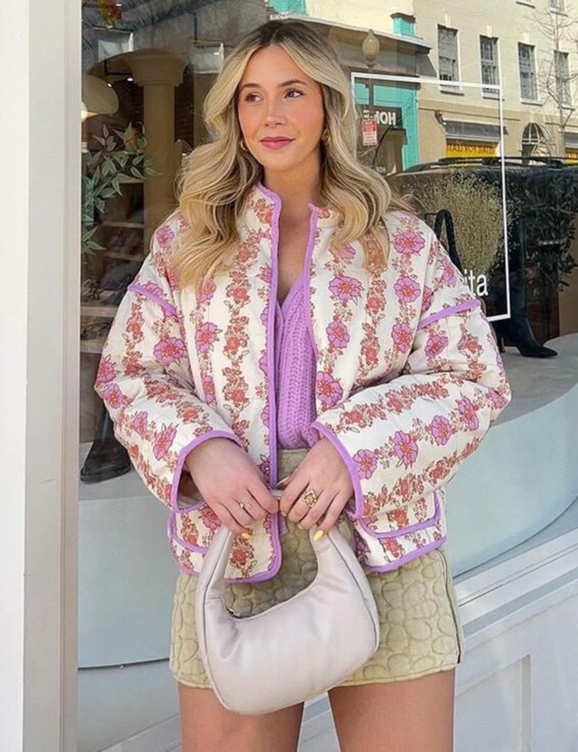 Wyeysyt Women's Cropped Quilted Jacket Floral Print Puffer Jackets Open Front Lightweight Jacket - Image 6