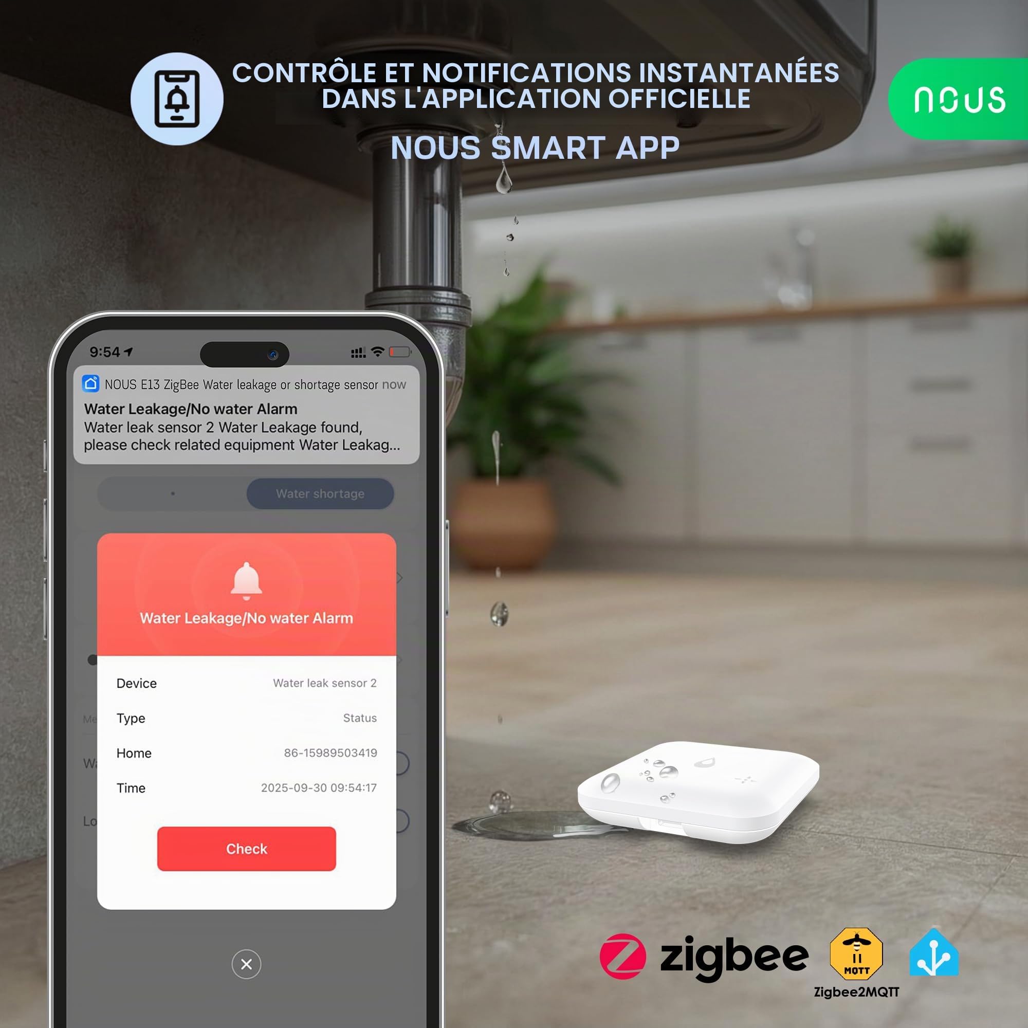Nous ZigBee Capteur d'eau E13 pour Fuite ou Manque d'eau, Alarme 80 DB, Notification d'application, IP66, Fonctionne avec Piles (2 x AAA), Compatible avec Alexa, Google Home, hub ZigBee nécessaire