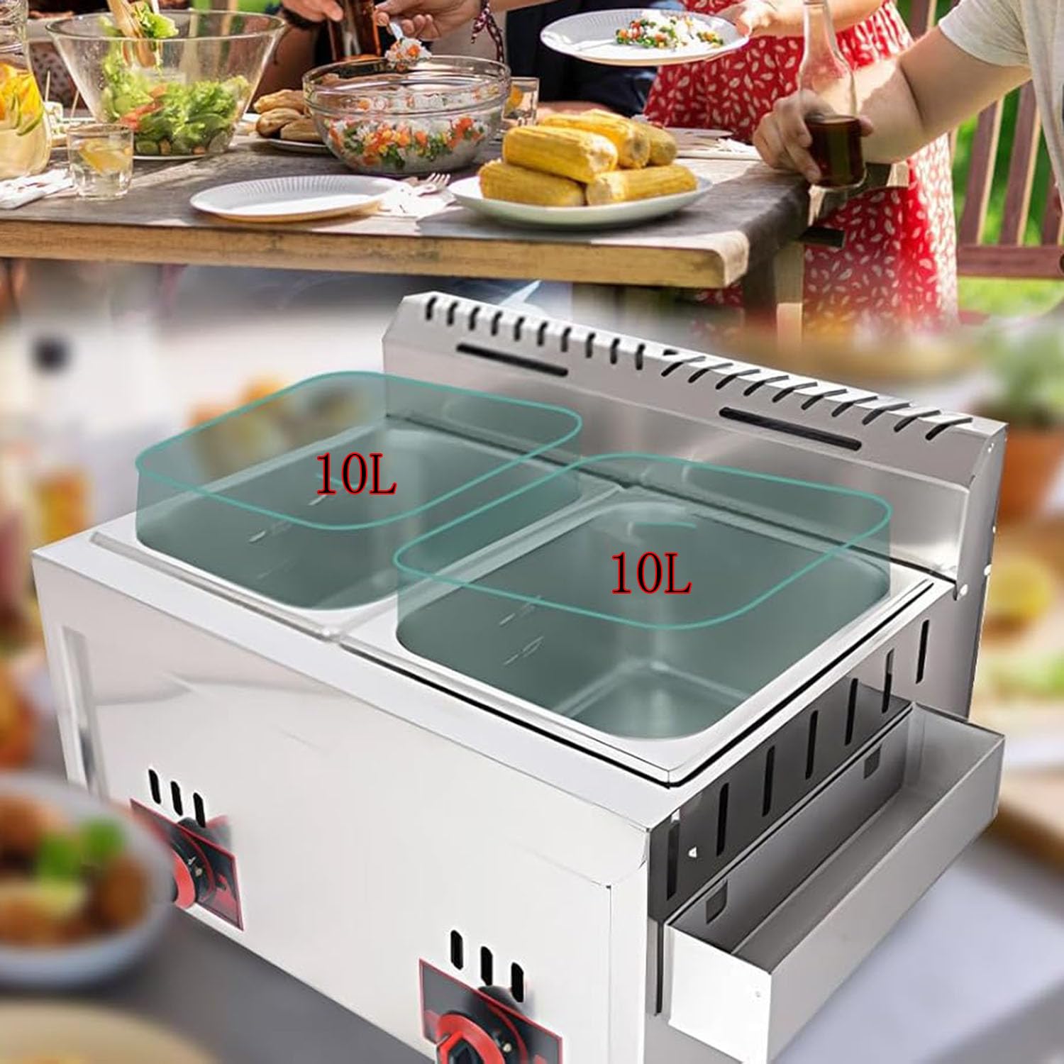 Freidora a Gas Profesional de Acero Inoxidable con Canasta y Cuchara para Restaurantes y Cocinas Comerciales