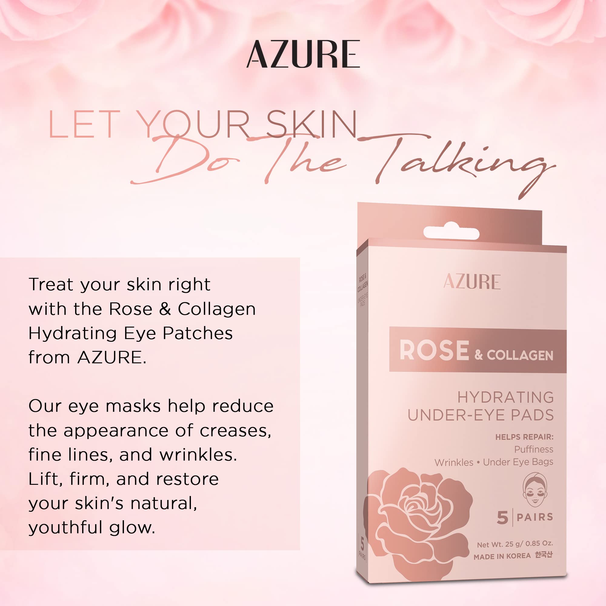 AZURE Rose & Collagen - Almohadillas hidratantes para debajo de los ojos, parches antienvejecimiento, revitalizantes e hidratantes, reduce las líneas finas, arrugas, ojeras e hinchazón, cuidado de la piel fabricado en Corea, 5 pares 3