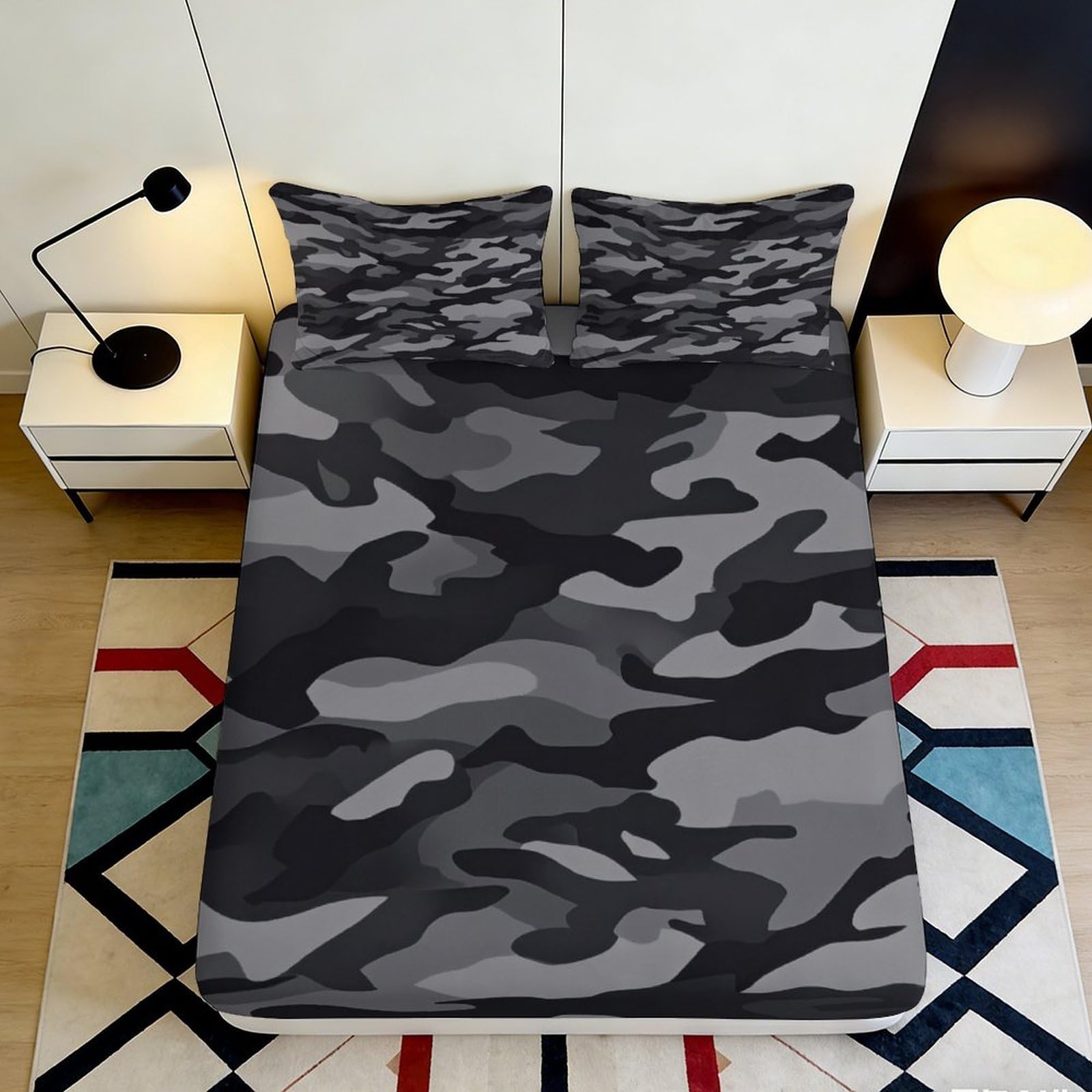 3D Printed Black Grey Camouflage Fitted Sheet Microfiber Durable Soft 3D Printed Urban Camo Mattress Cover for Bedroom Dormitory Guest Room 200x200x25cm