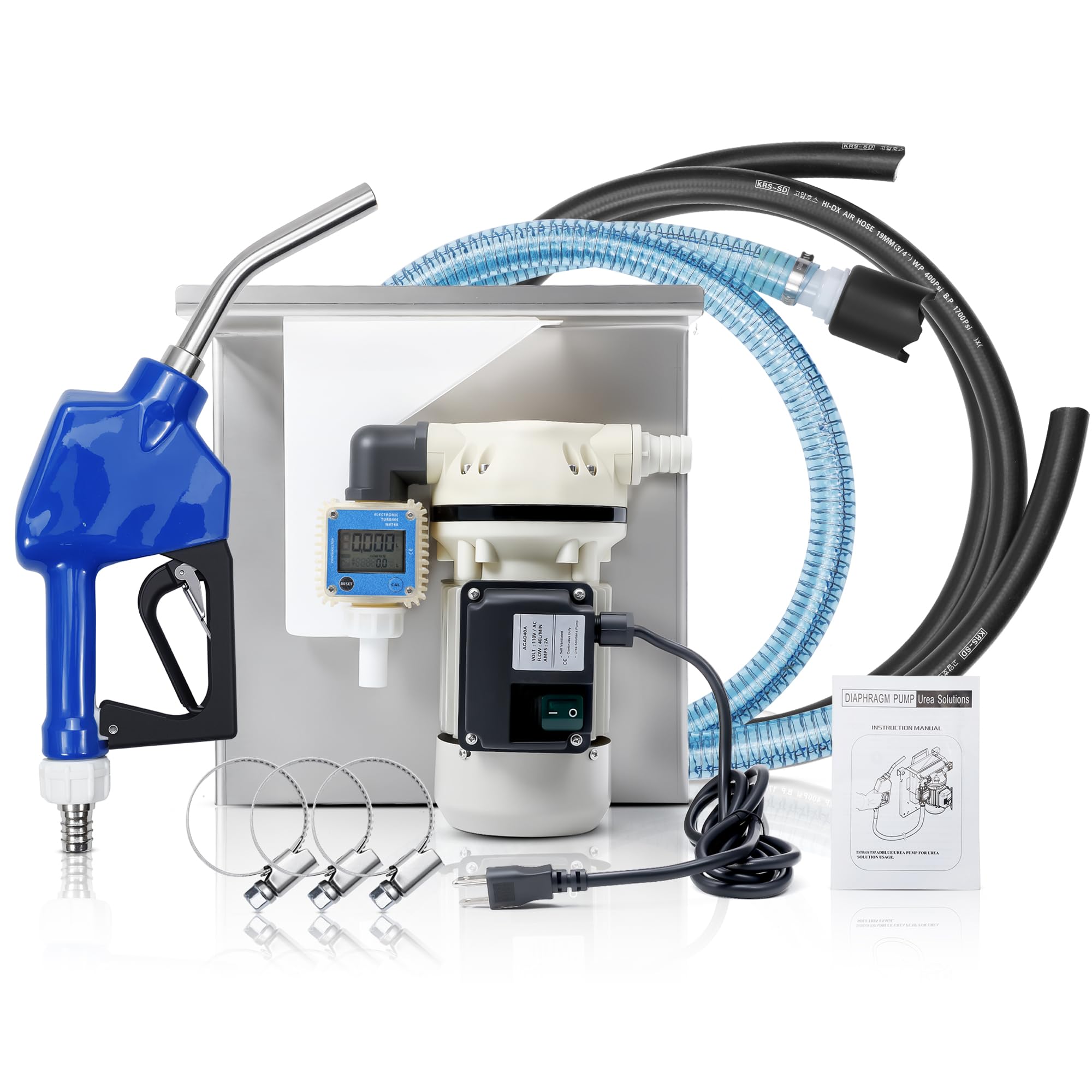 DEF Pump Kit 110V Electric DEF Transfer Pump – 10GPM/40LPM with Wall-Mounted Brackets、K24 External Thread Flowmeter, 20' Hose, Auto Nozzle &amp; Connect Fittings, Urea Diesel Exhaust Fluid System