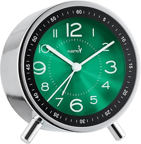 Reloj despertador de metal súper silencioso, despertador redondo con tira de luz nocturna, funciona con pilas, fácil de instalar, simple y retro