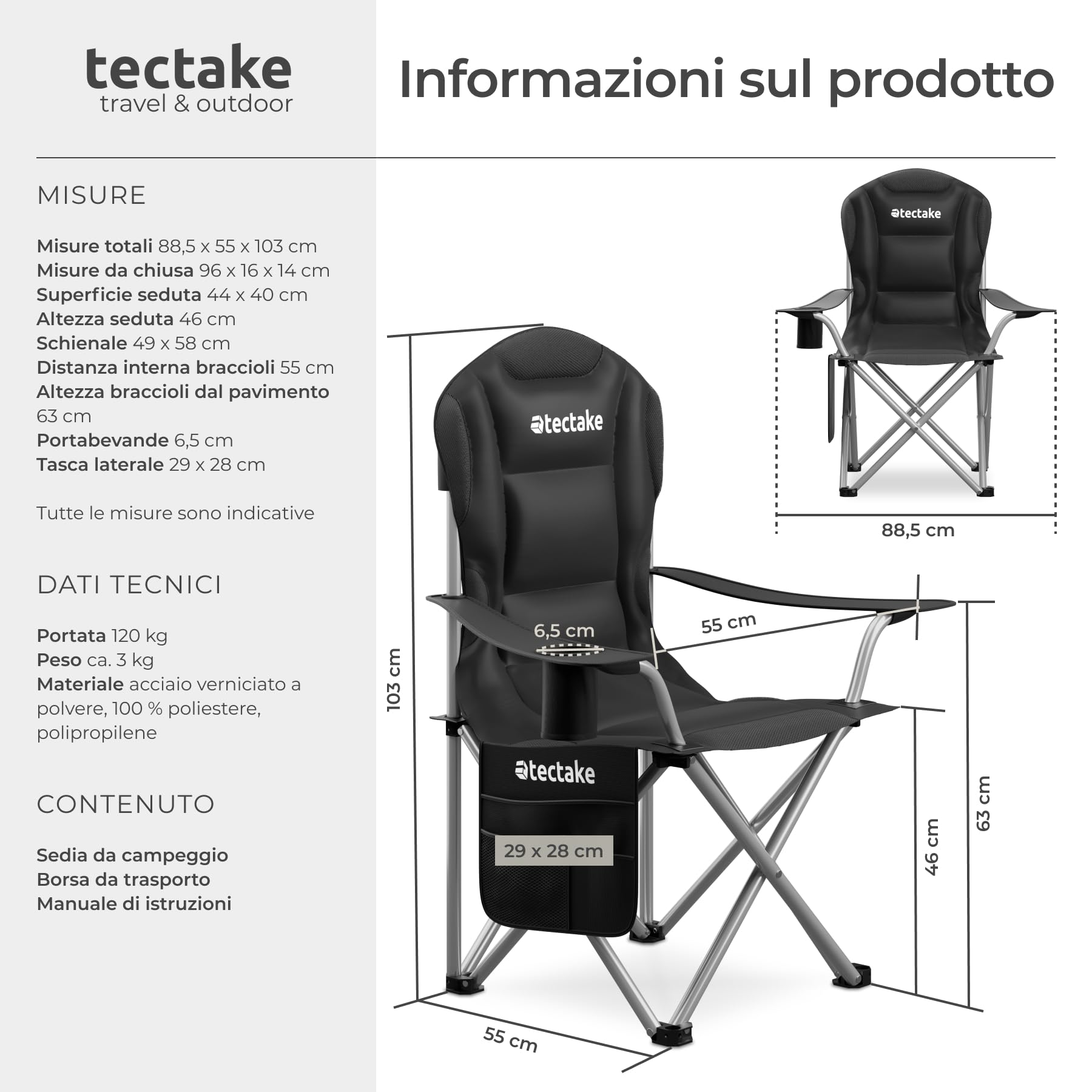 tectake® Sedia da Campeggio Imbottita, Pieghevole, Portabicchieri, Tessuto Oxford 600D Idrorepellente, Struttura in Acciaio, Piedini Antiscivolo e Antigraffio, Tasca Laterale, Borsa per il Trasporto