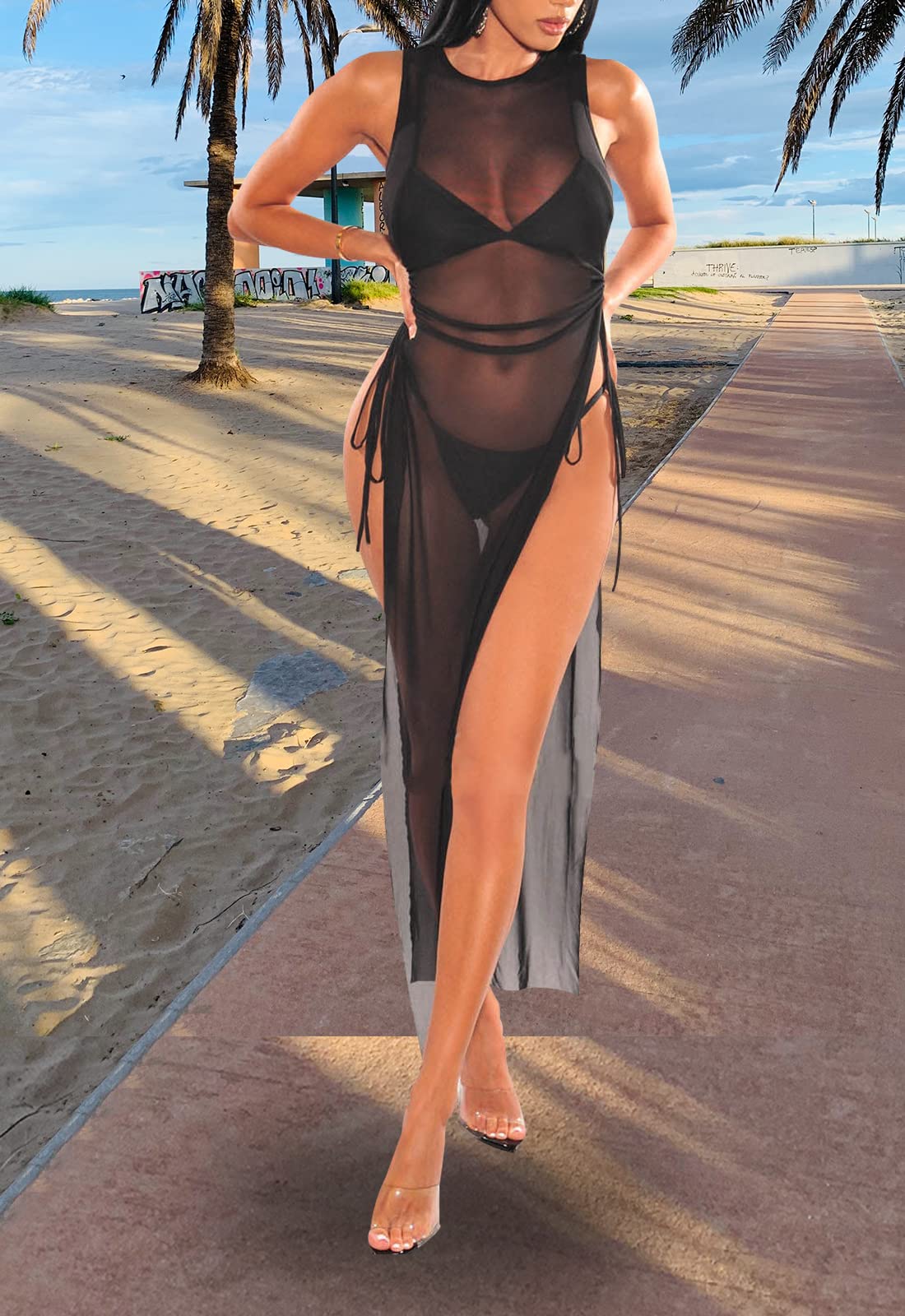 Women's Swimsuit Beach Bikini Cover up Sheer Mesh Dress Sexy See Through Mesh Tops Beachwear