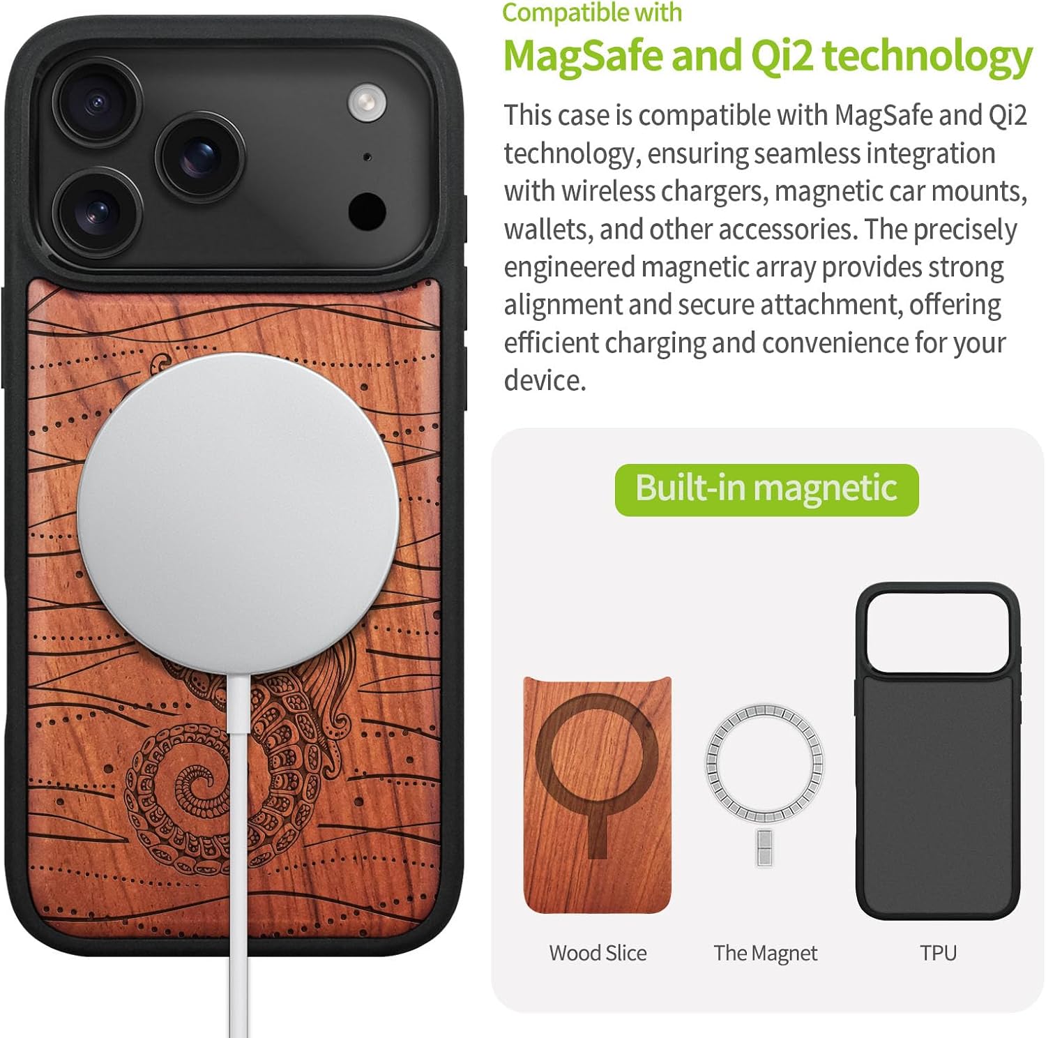 Carveit Magnetic Wooden Case for iPhone 17 Pro Max Case, Wood Artisan Engraved & Black Soft TPU Shockproof Cover, Compatible with MagSafe Wireless Chargers (Tribal Seahorse) Rosy
