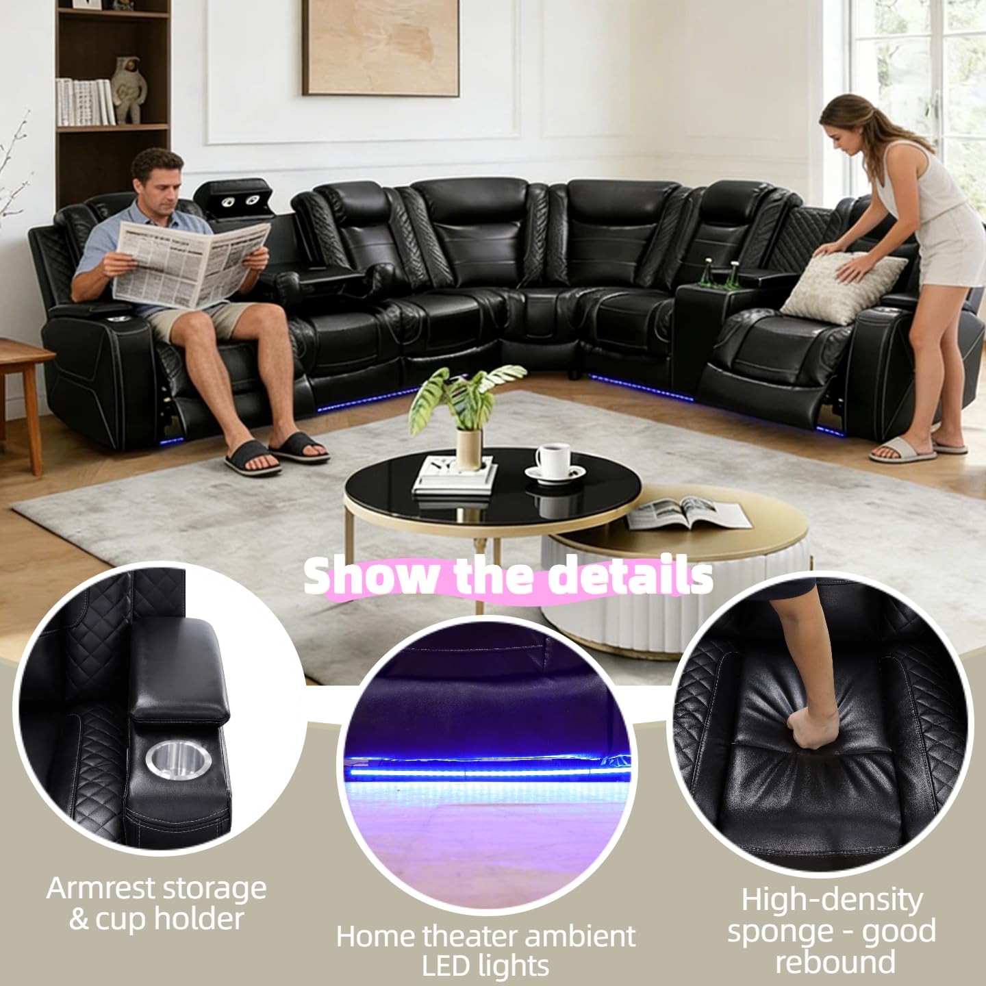 Leather Power Reclining Sectional Sofa Set,Sectional Couch with 3 Recliners view 4