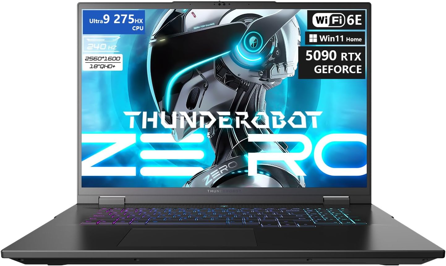Thunderobot Zero 18 Pro 5090 Gaming Laptop, 18″ QHD+ 240Hz 2.5K Hummingbird Display, Core Ultra 9 275HX, GeForce RTX 5090, 64GB DDR5, 4TB SSD, Per-Key RGB, FHD IR Camera, Wi-Fi 6E, Win 11 Home