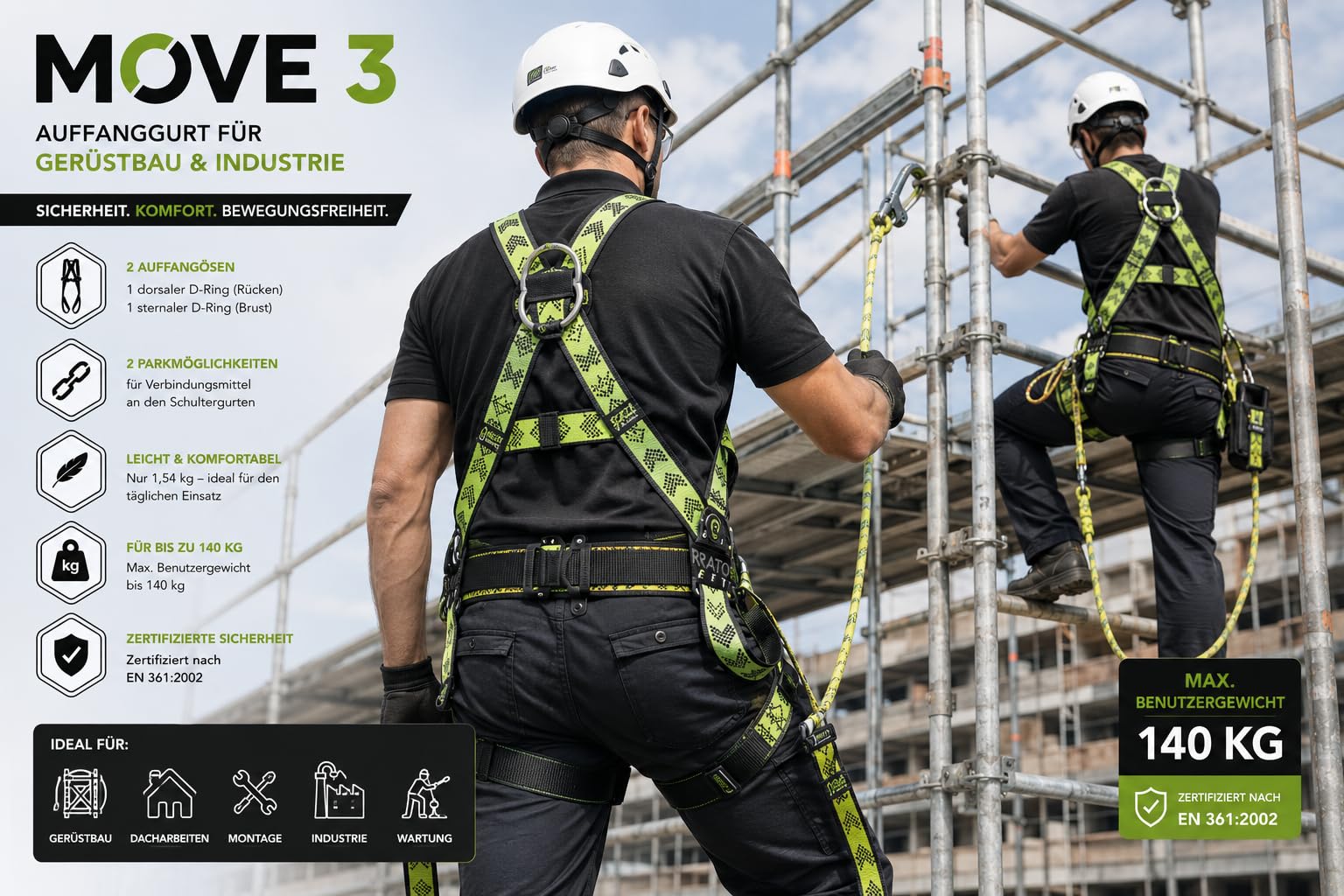 Kratos Safety Move 3 - Arnés de seguridad para andamios (L-XXL, EN 361, con punto de recogida dorsal y esternal, cierres rápidos, hasta 140 kg)