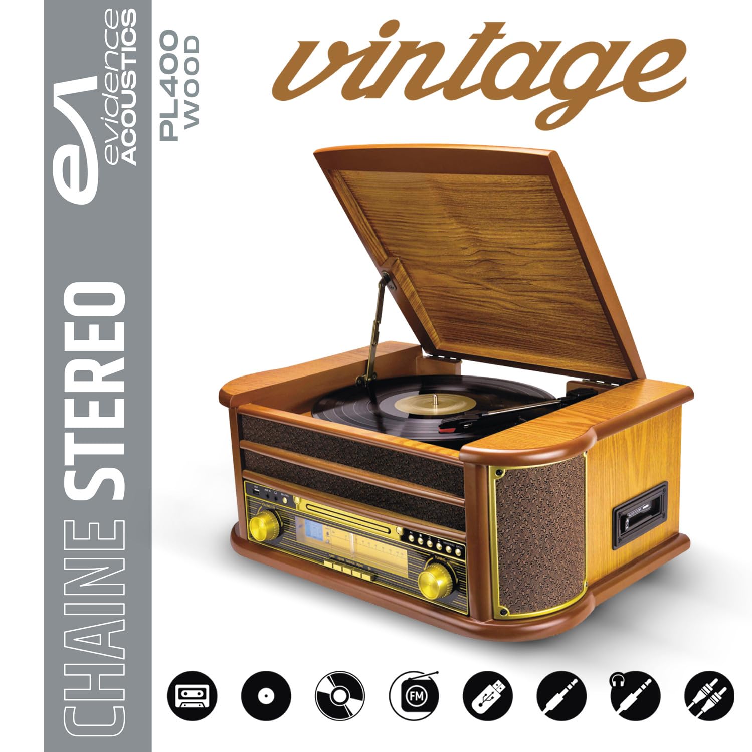 Tourne-Disque Evidence Acoustics EA-PL400 - Vinyle 33/45/78, 60W PMPO, Radio FM, CD, Cassette, Bluetooth USB, REC, rétro, Bois
