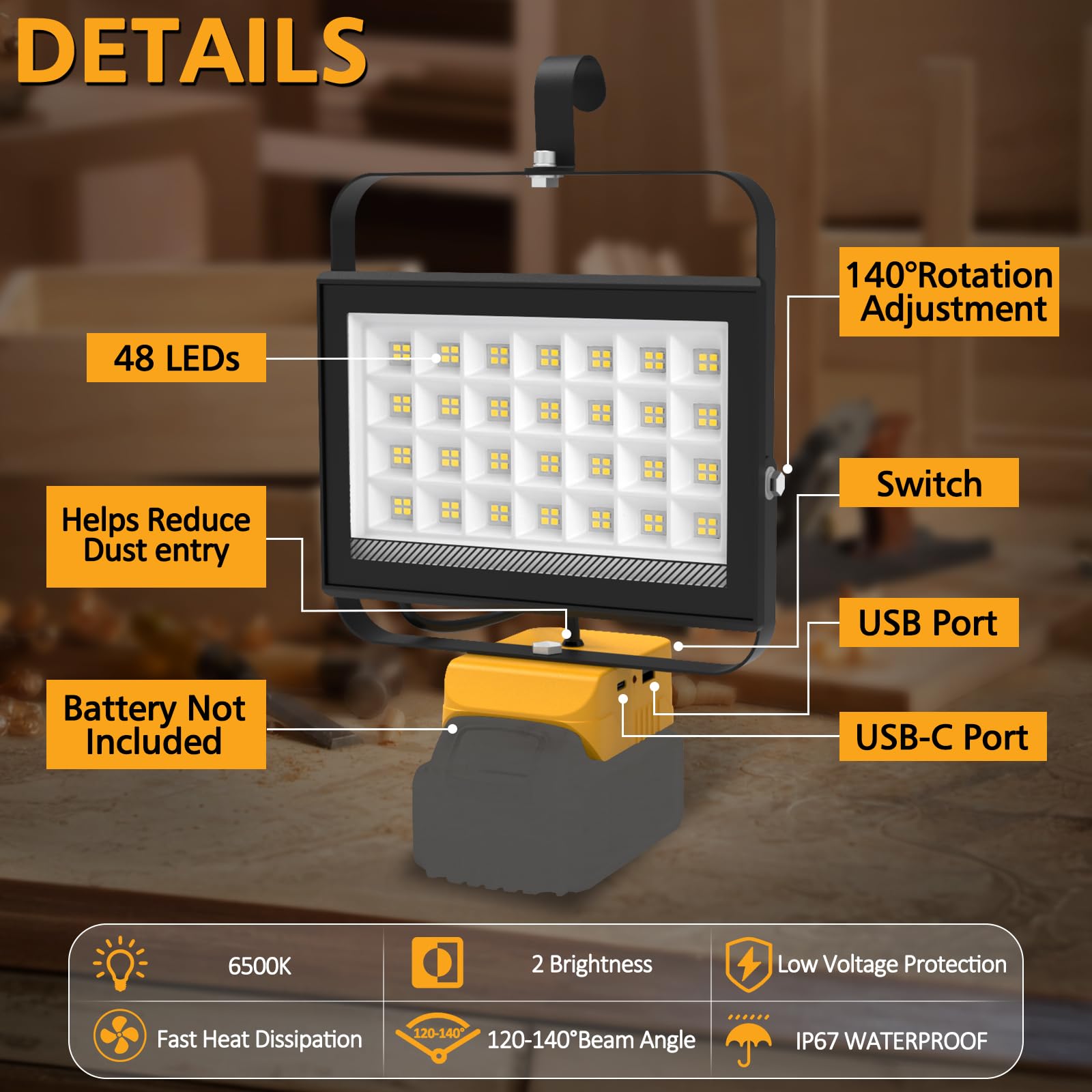 Foco LED Recargable Compatible con Dewalt Batería 18V, T-SUNUS 100W Luces de Trabajo Portátiles 2 Brillos, USB-C Recargable para Acampar Garaje Emergencia Obra 2 Piezas(Sin Batería)