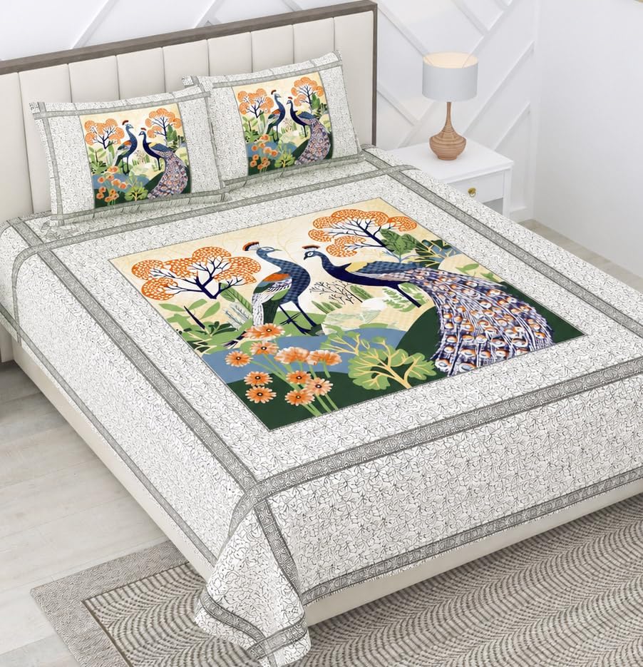 Pure 100% Cotton Double Bed Sheet with 2 Pillow Covers (Bedsheet for Double Bed Cotton, Green More Jaipuri, King Size,731)