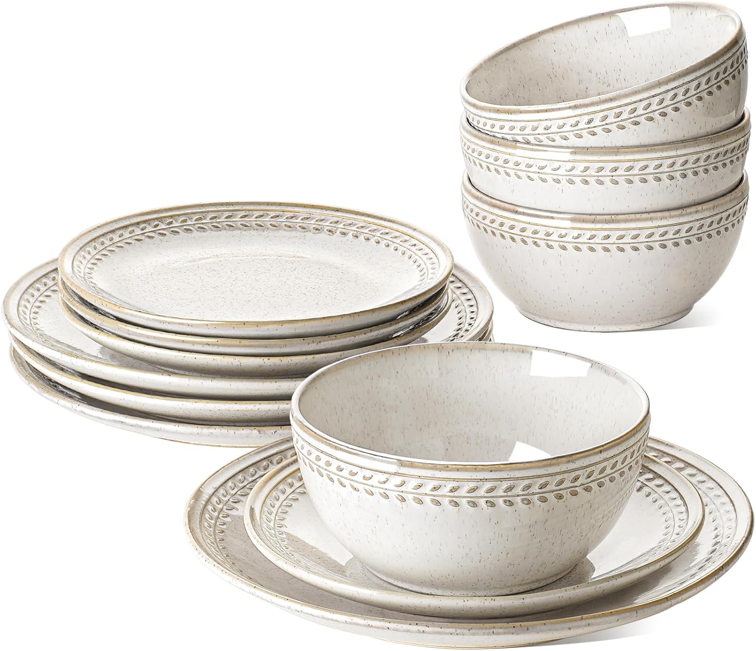 Dinnerware Sets for 4, 12 Piece Ceramic Dish Set with Plates and Bowls | Oven/Dishwasher/Microwave Safe | Ideal for Housewarming | Reactive Beige (10" Plate+8" Dish+27oz Bowl)