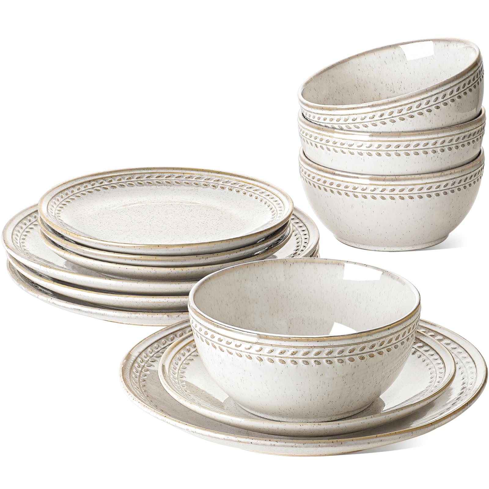 Plates and Bowls Sets for 4, 12 Piece Ceramic Dinnerware Sets, Kitchen Stoneware Dish Set, Chip Resistant, Microwave & Dishwasher Safe, Beige Wheat (8"&10" Plate, 27oz Bowl)