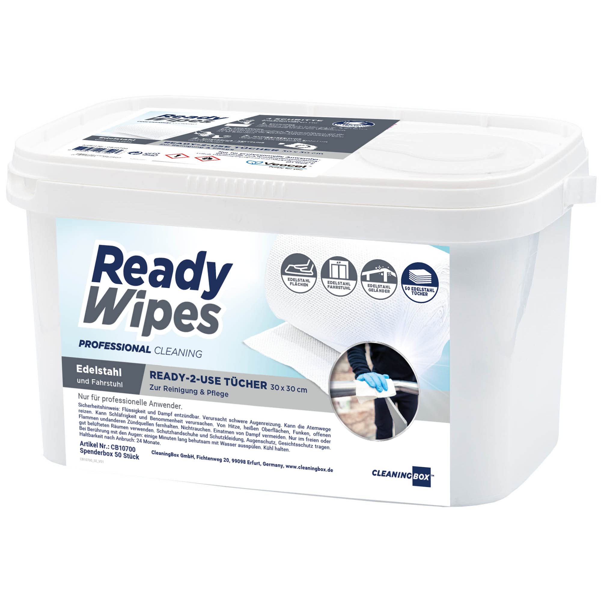 CleaningBox® 4-in-1 Edelstahl und Fahrstuhl Reinigungstücher I Zuverlässiger Edelstahl Reiniger I Für Küchen, Edelstahlgeländer; Fahrstühle I 50x Reinigungstücher I Made in Germany