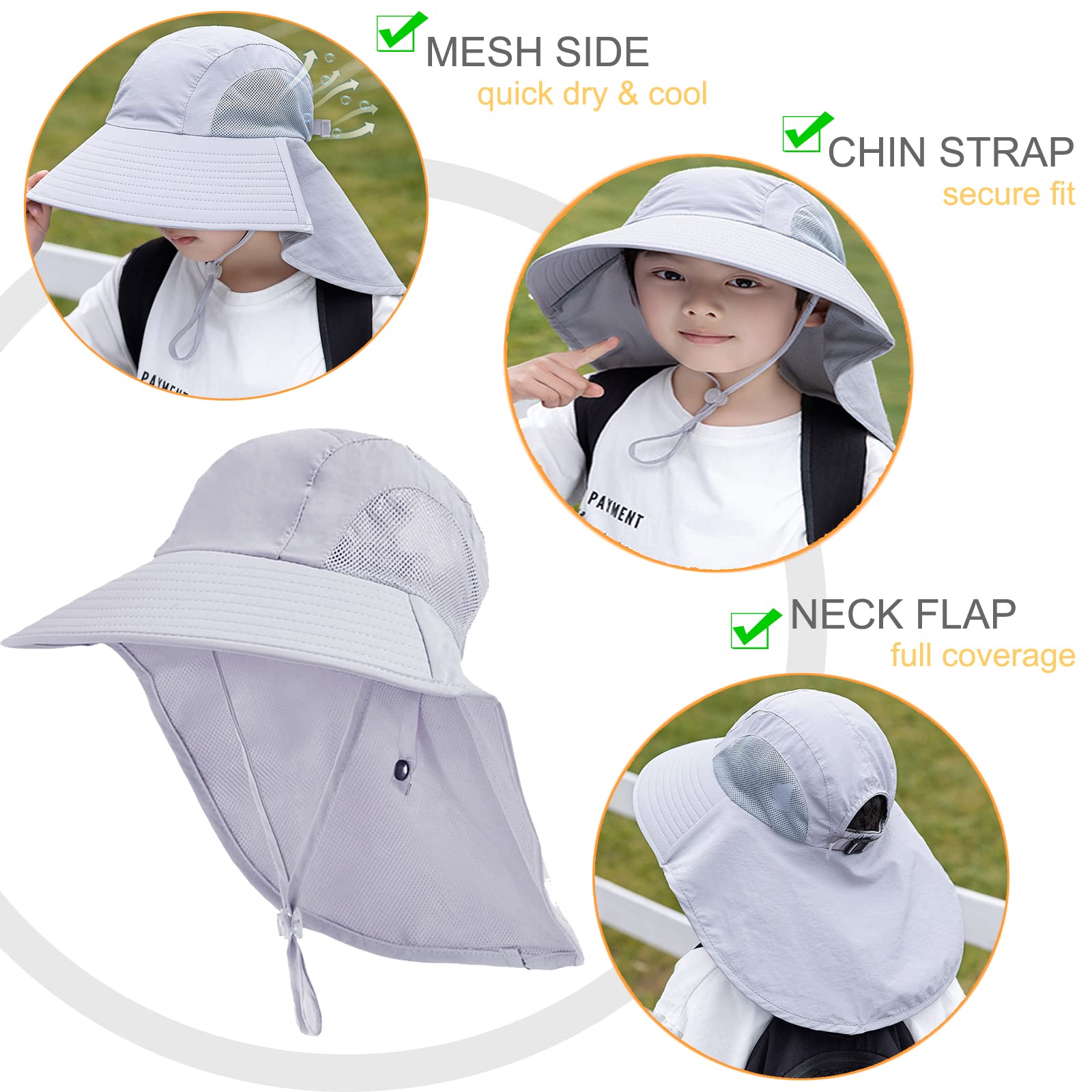 Chapeau de Soleil Anti-UV UPF50+ pour Enfants 5-13 Ans Large Bord Respirant Séchage Rapide Plage Cyclisme