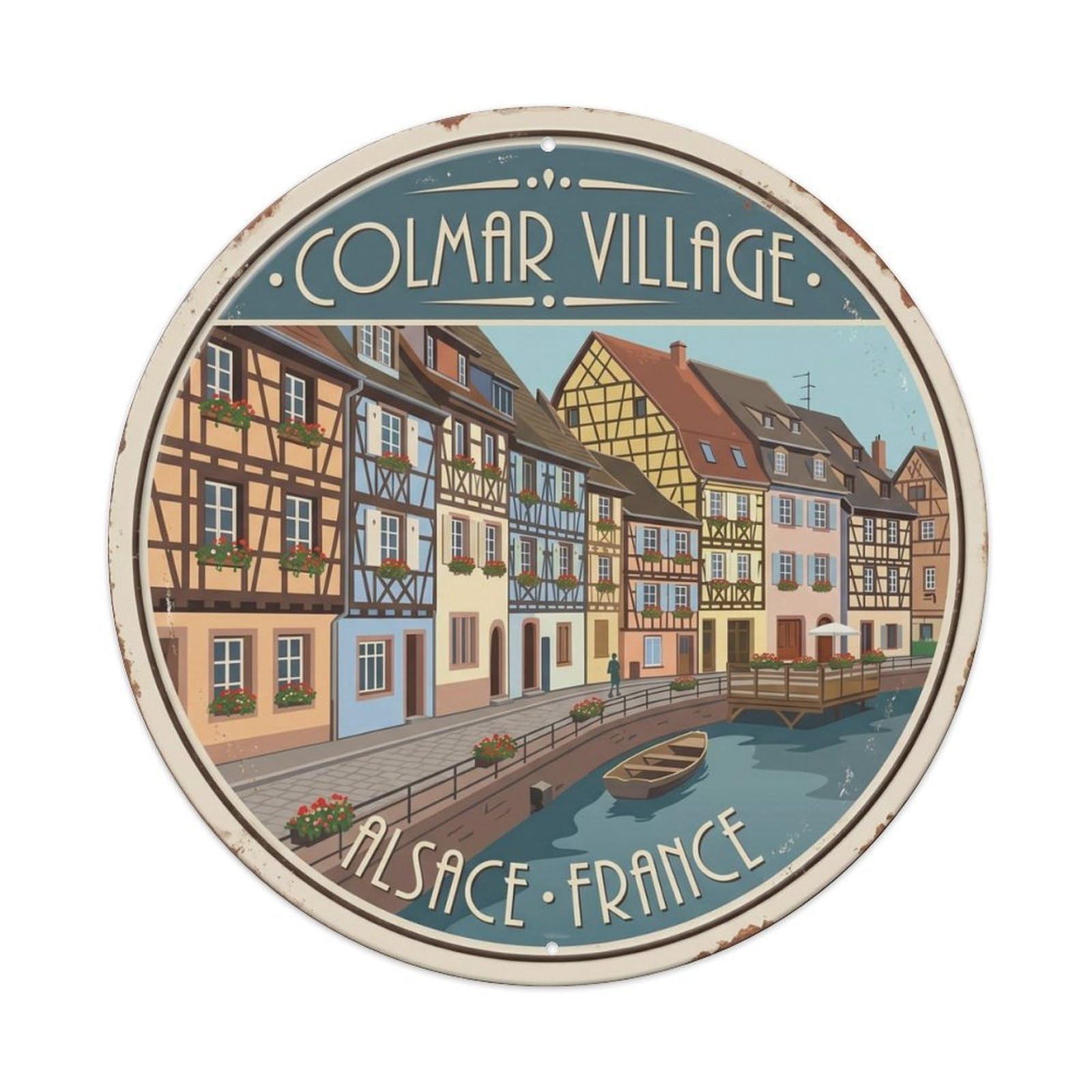 Colmar Village Alsace France Timber Metal Tin Sign Plaque Wall Decor for Cafe, Club Bar, Office, Home Garden Round Metal Poster 8x8Inch