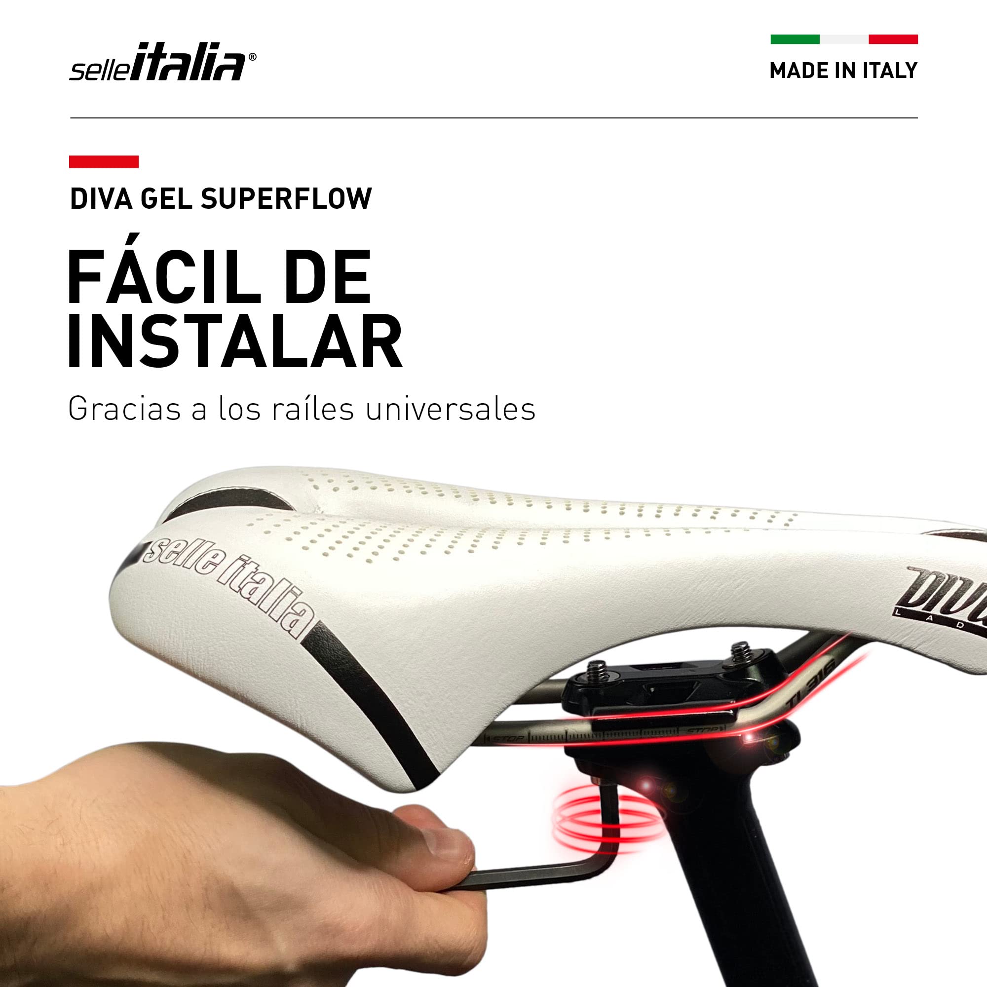 Selle Italia DIVA Gel Superflow - Sillín Bicicleta Mujer, Bicicleta Ciudad, Montaña, City Bike, Cómodo con Agujero Anatómico, Acolchado Gel Ligero - Talla L3, Blanco