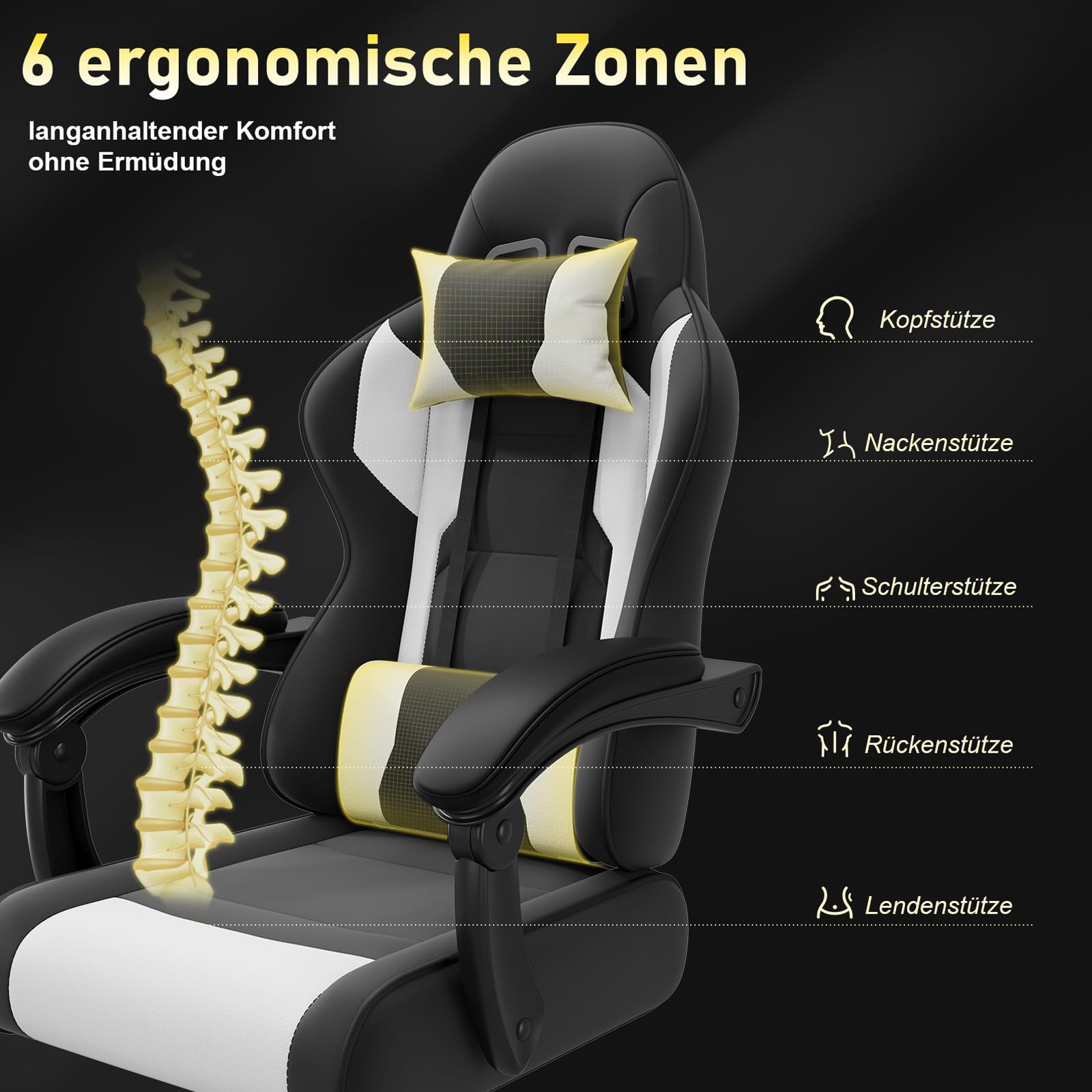 JUMMICO JETSTREAM Poltrona Gaming Ergonomica Con Poggiapiedi, Poggiatesta, Massaggio E Sollevamento Pneumatico, 150 Kg, bianco e nero