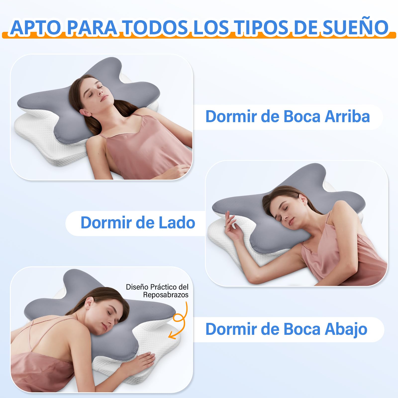 Ehomfory Almohada Cervicales y Cuello，Almohada Cervical de Espuma Viscoelástica, 2 en 1 Almohada Ergonómica para Dormir de Lado, Boca Arriba y Boca Abajo, 67x37x9/12 CM