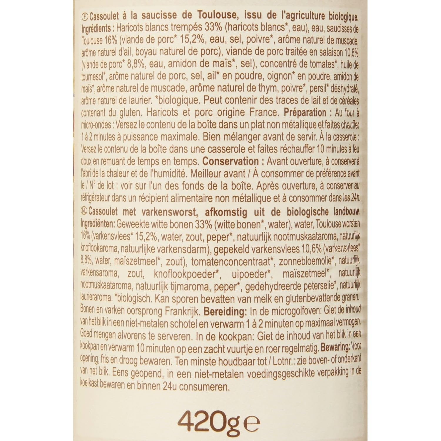 Un repas complet et sans conservateur avec le cassoulet à la saucisse de Toulouse CARREFOUR BIO, format 420g - Lot de 3