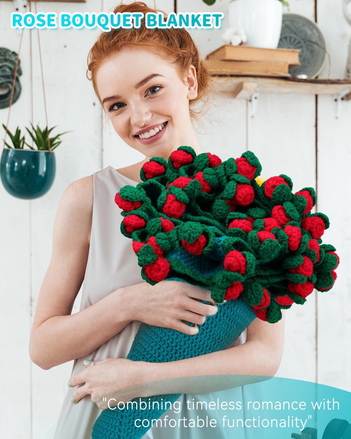 Aeelike Crochet Blanket Kit, Flower Bouquet Blanket Crochet Kit for Beginners Adults Roll Up Blankets Crochet Kit with Enough Yarn Detailed Instruction, Easy DIY Kit for Women & Home Decor, Rose