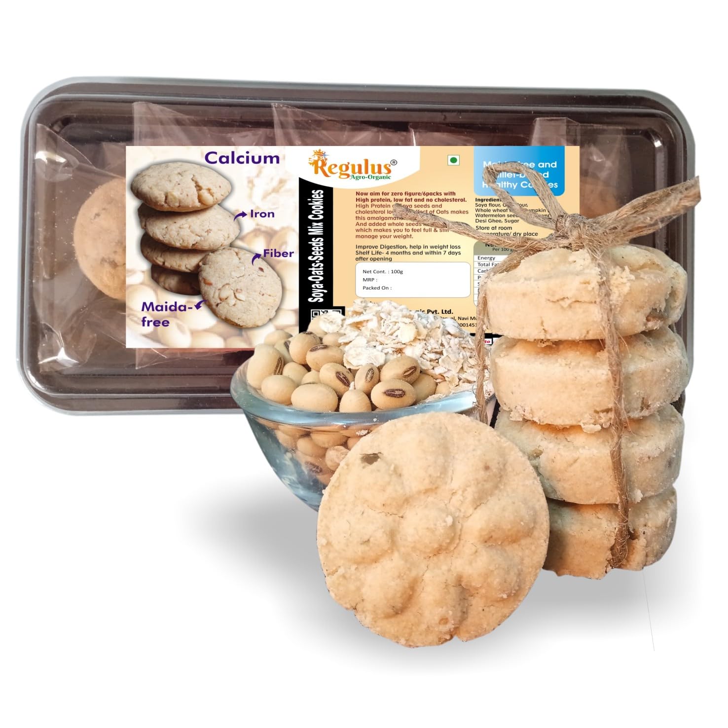 Regulus Agro Organic Soya-Oats-Seeds Mix Cookies | Pack of 4 | 150g each | Maida Free | Healthy Diet Food Snack | Tea Time Snacks for Kids and Adults | Prepared in Pure Desi Ghee