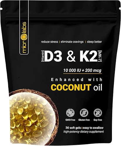 Cápsulas blandas extra fuertes de vitamina D3 + K2 de 10,000 UI con aceite de coco, suplemento combinado de vitamina D3 y K2 para apoyo óseo,