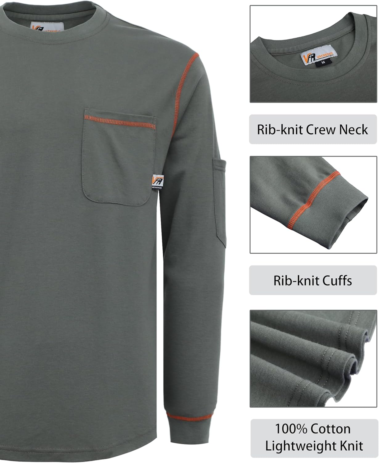 VATRENUS FR Shirts Crewneck 5.5oz Lightweight Flame Resistant 100% Cotton Men's Pre-Washed Fire Retardant Workwear - Image 2