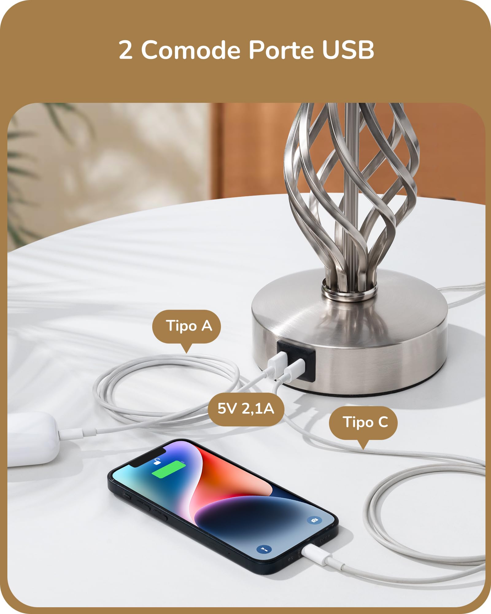 EDISHINE 2 Lampade da Comodino, Funzione di Ricarica, LED Touch Dimmerabile | 2 Porte USB, Lampada Decorativa per Camera da Letto, Soggiorno e Davanzale, Paralume in Lino, Grigio