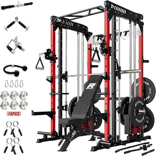 Miniatura 22 de RitFit M1 Pro Smith Machine Package, All-in-One Power Cage with Weight Stack Set, Includes LAT Pulldown & Cable Crossover System for Home Gyme Rojo