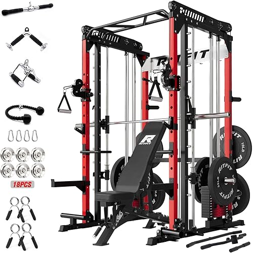 RitFit M1 Pro Smith Machine Package, All-in-One Power Cage with Weight Stack Set, Includes LAT Pulldown & Cable Crossover System for Home Gyme