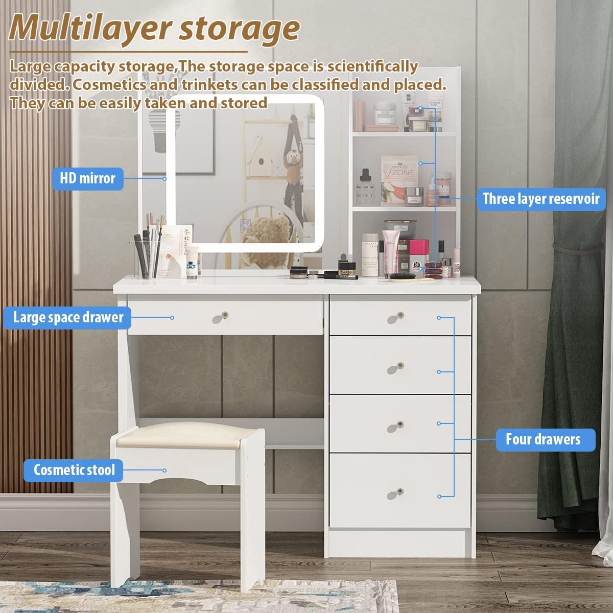 Large Vanity Table Set Makeup Vanity Dressing Table with Mirror, 5 Drawers & Shelves, Dresser Desk and Cushioned Stool Set (White Lighted Mirror)