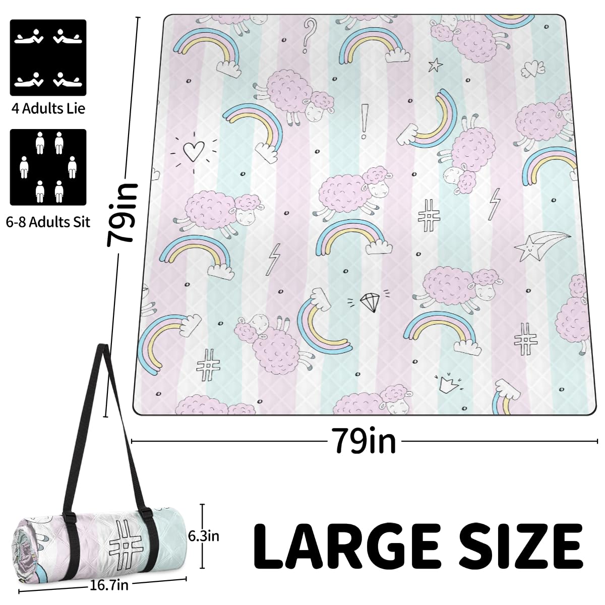 Shimoshe Extra Large Picnic Blankets 79”x 79”, Rainbow Sheep Waterproof Foldable Picnic Mat with Straps Portable Beach Blanket for Camping Park Grass Beach Indoor