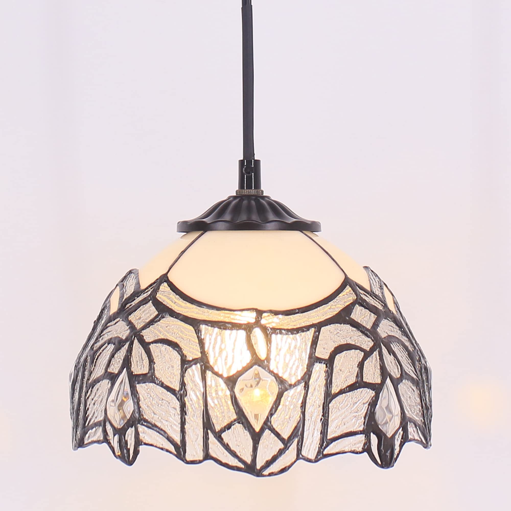 SYETL Small Tiffany Pendant Light 8 inch Tiffany Style Stained Glass Pendant Hanging Lamp Small Vintage Hanging Light Fixtures for Home Living Room Restaurant Hallway (White Bending Crtystal Style)