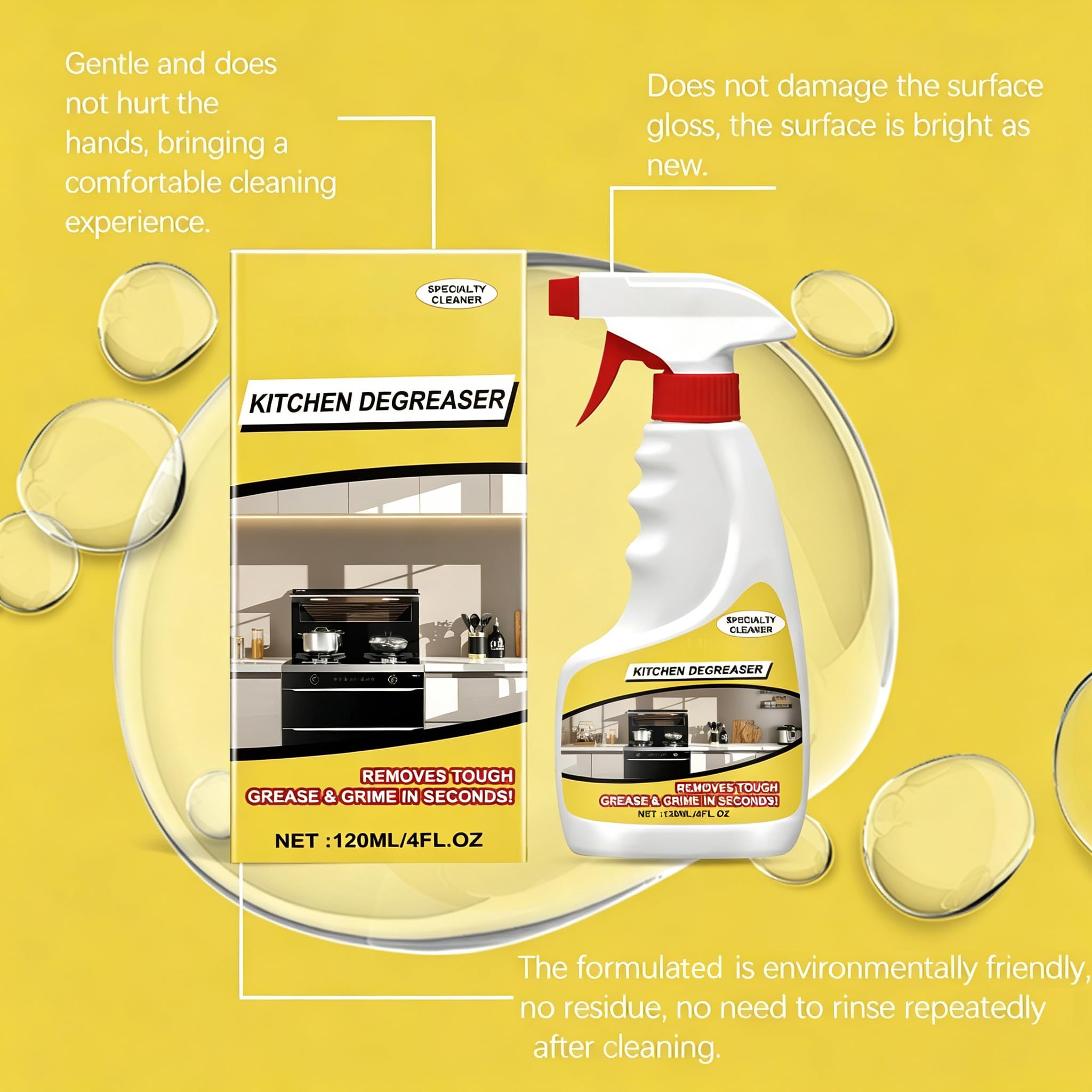 Potente sgrassatore e detergente da cucina, detergente ad azione rapida per grasso, olio e macchie dure, spray in schiuma sgrassante per tutti gli usi per pentole, padelle, piani di lavoro ed