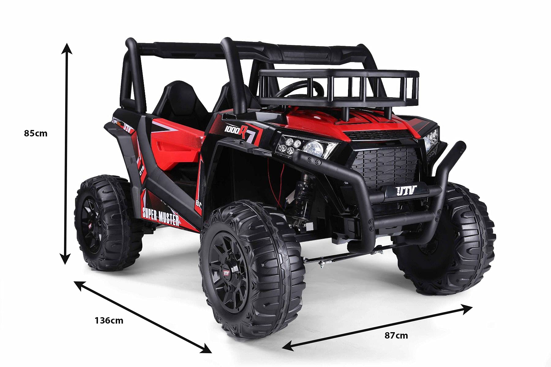 RIRICAR Samochód elektryczny dla dzieci 24 V UTV, czerwony, elektryczny wózek dla dzieci, 2-osobowy z pilotem zdalnego sterowania 2,4 GHz, 2 x silnik 200 W, koła EVA, wyściełane siedzisko, USB, karta