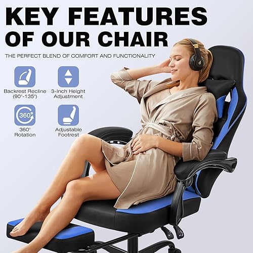 Miniatura 7 de Silla de juegos con reposapiés, cómodas sillas de videojuegos para adultos y chicos con soporte lumbar ajustable, reposabrazos articulados, silla
