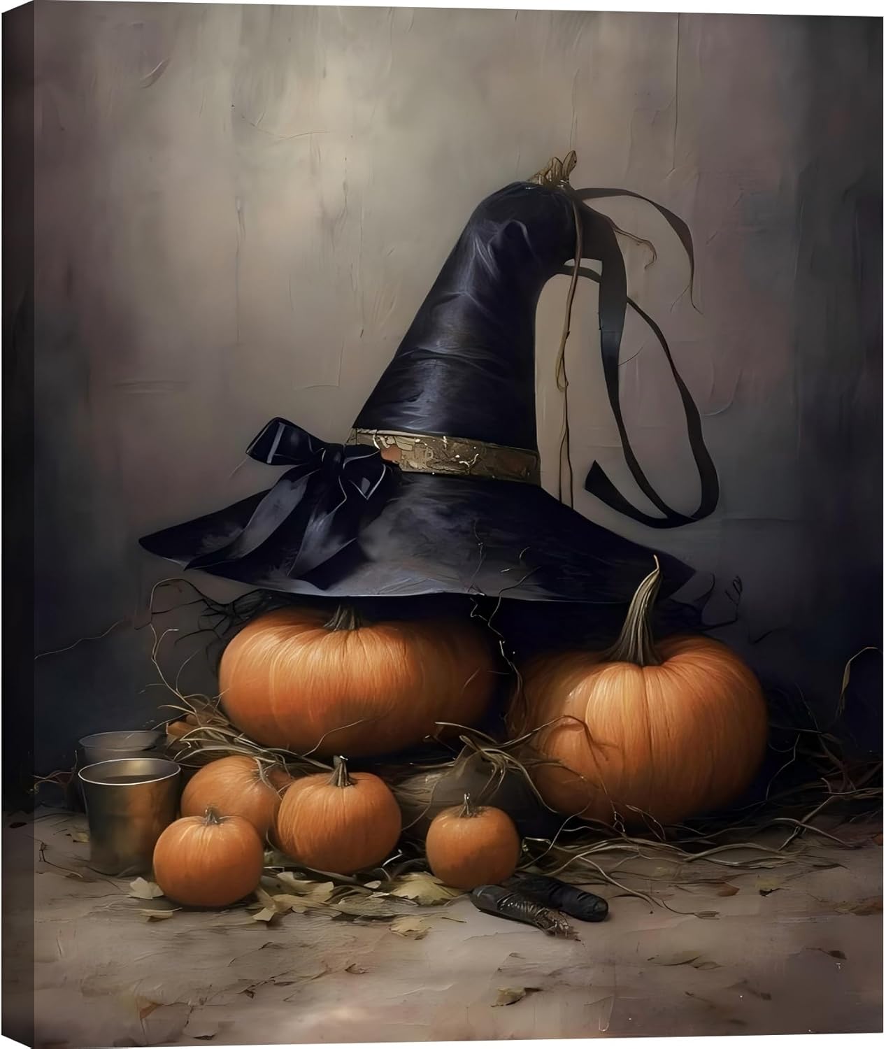 FLZYKGPA Witch Hat on Pumpkins Wall Art Decor, Vintage Aesthetic Farmhouse Canvas Wall Art Prints for Living Room Bedroom Kitchen, Halloween Decorations Artwork Picture Prints
