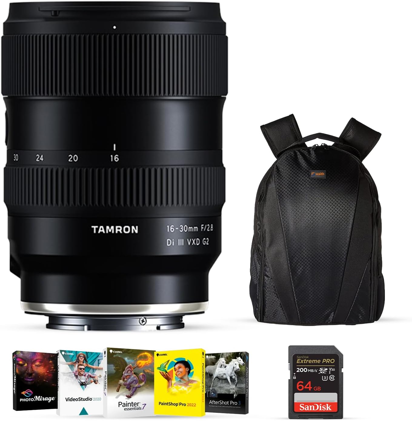 Tamron 16-30mm f/2.8 Di III VXD G2 Lens for Full Frame Sony E Mirrorless Camera & 7.5" Close Focus with Corel OEM Photo Video Art Suite Software Kit - 64GB SDXC Memory Card & Backpack - Bundle Kit