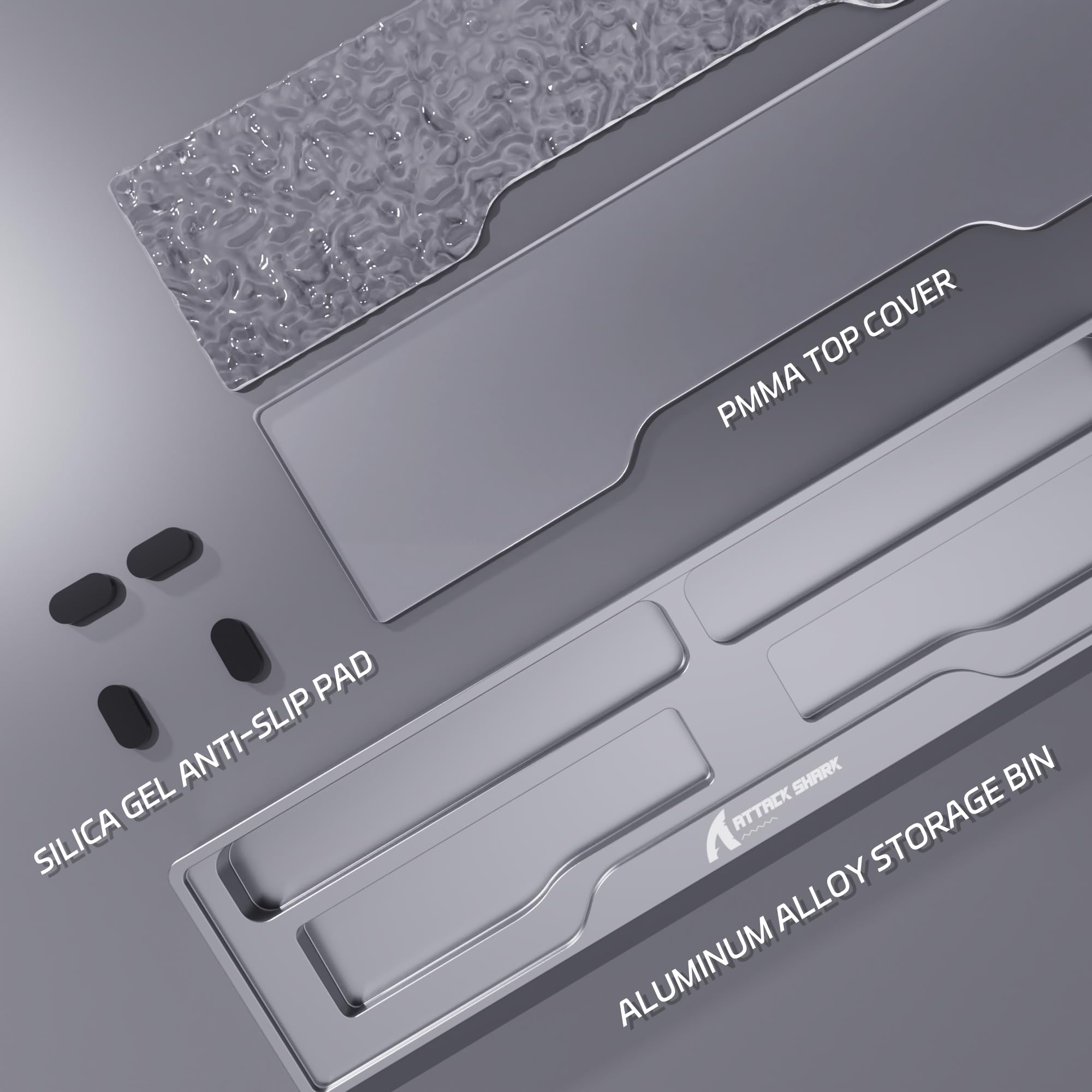 ATTACK SHARK Podkładka Podkładka Pod Nadgarstki do Klawiatury CNC z Aluminium z Przegródką na Przechowywanie, 2 Nakładki z Przezroczystego Akrylu, Ergonomiczne, Idealne do Biura/Domu - Srebrna